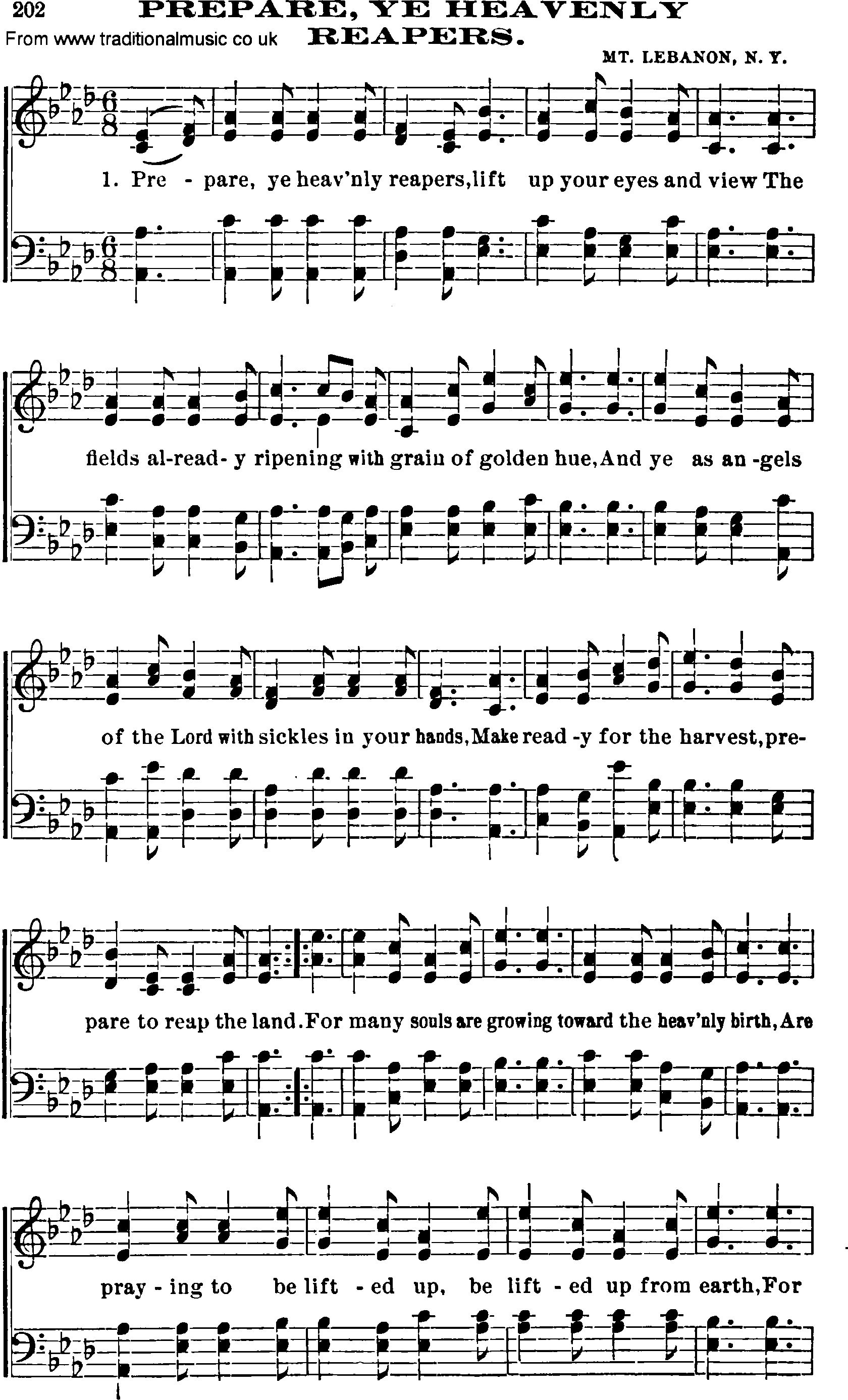 Shaker Music collection, Hymn: prepare, ye heavenly reapers, sheetmusic and PDF
