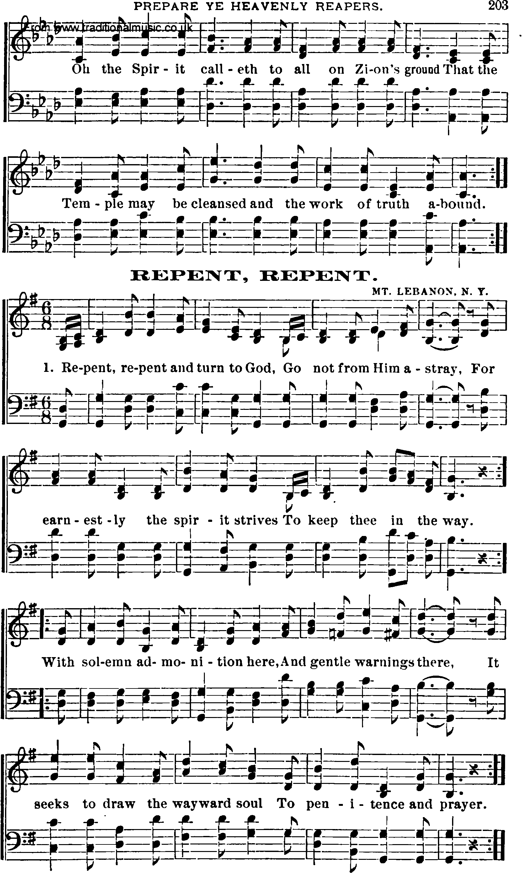 Shaker Music collection, Hymn: repent, repent, sheetmusic and PDF
