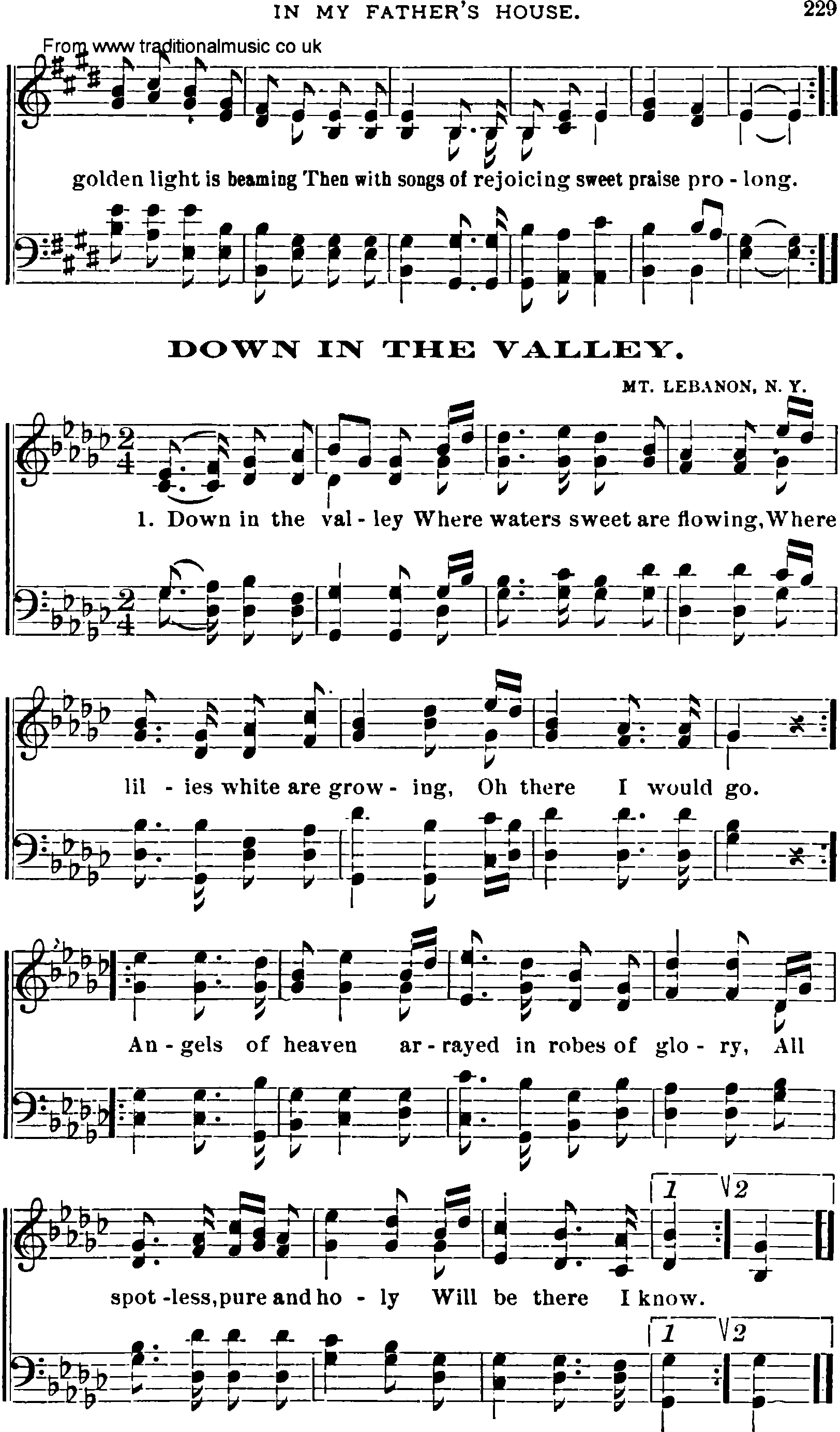 Shaker Music collection, Hymn: down in the vally, sheetmusic and PDF