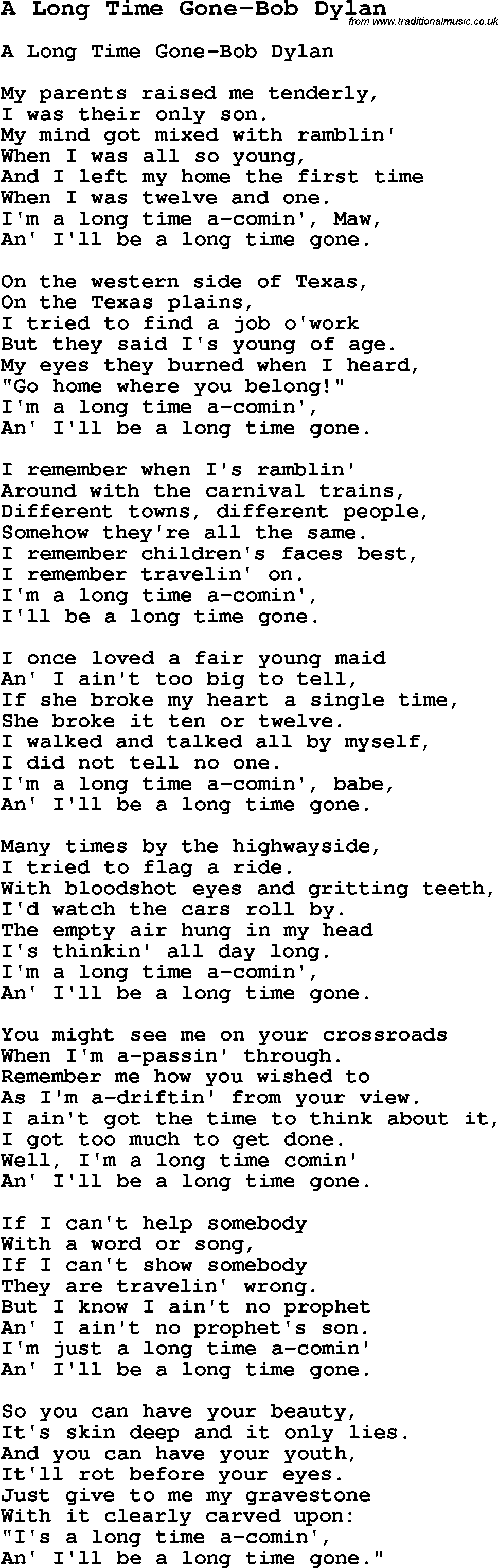 Skiffle Song Lyrics for A Long Time Gone-Bob Dylan.