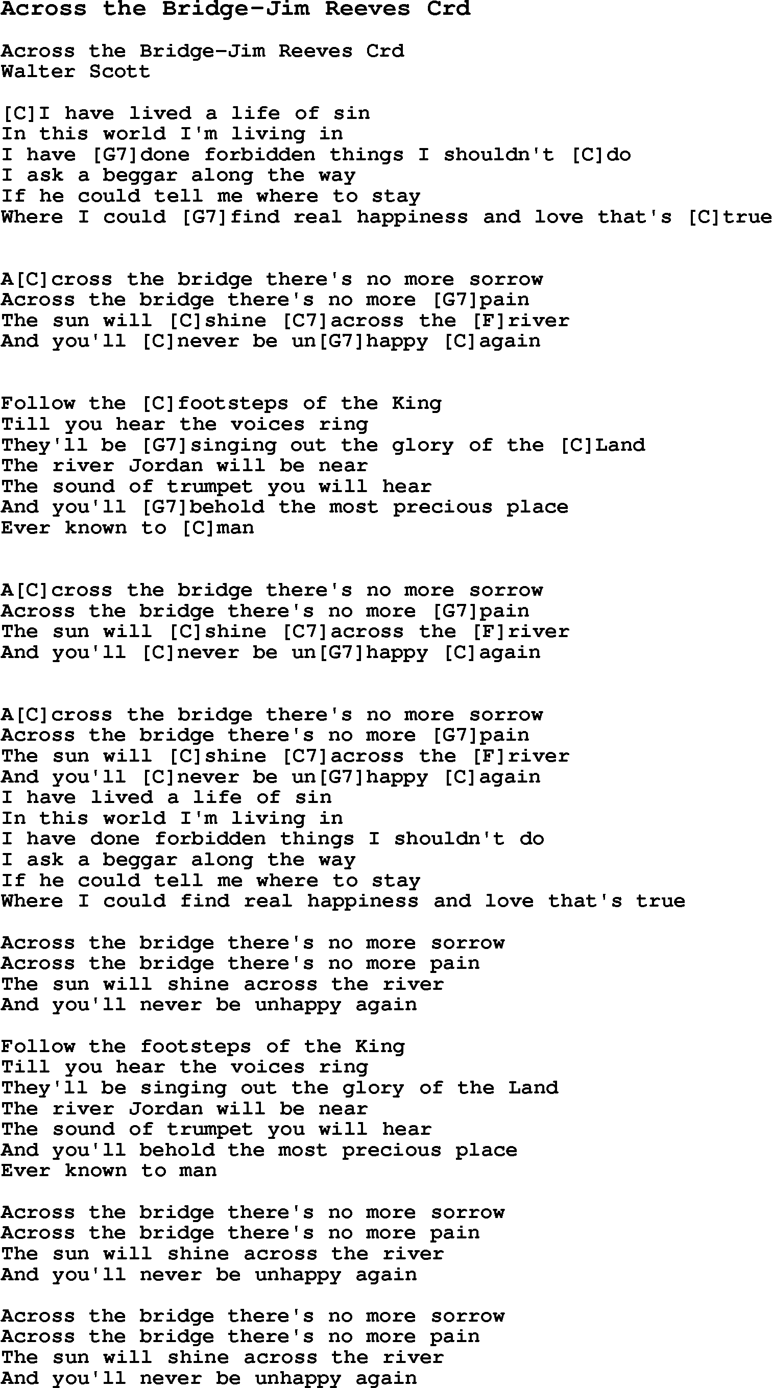 Skiffle Song Lyrics for Across The Bridge-Jim Reeves with chords for Mandolin, Ukulele, Guitar, Banjo etc.