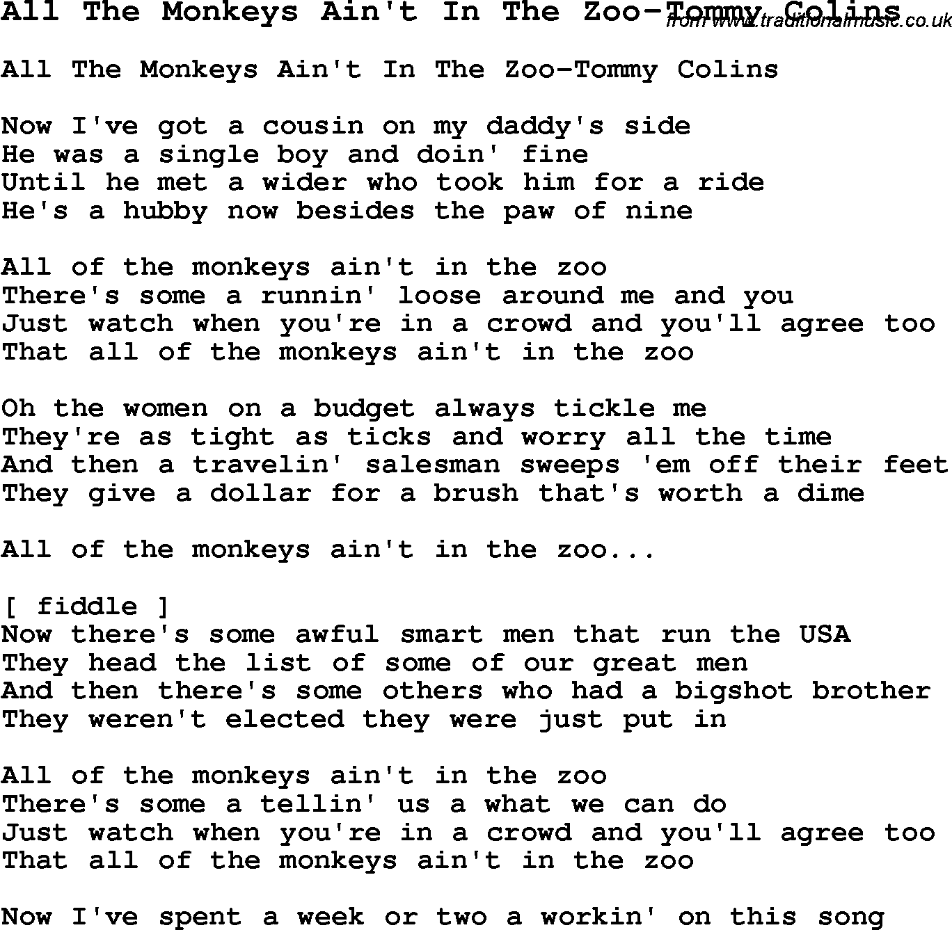 Skiffle Song Lyrics for All The Monkeys Ain't In The Zoo-Tommy Colins.