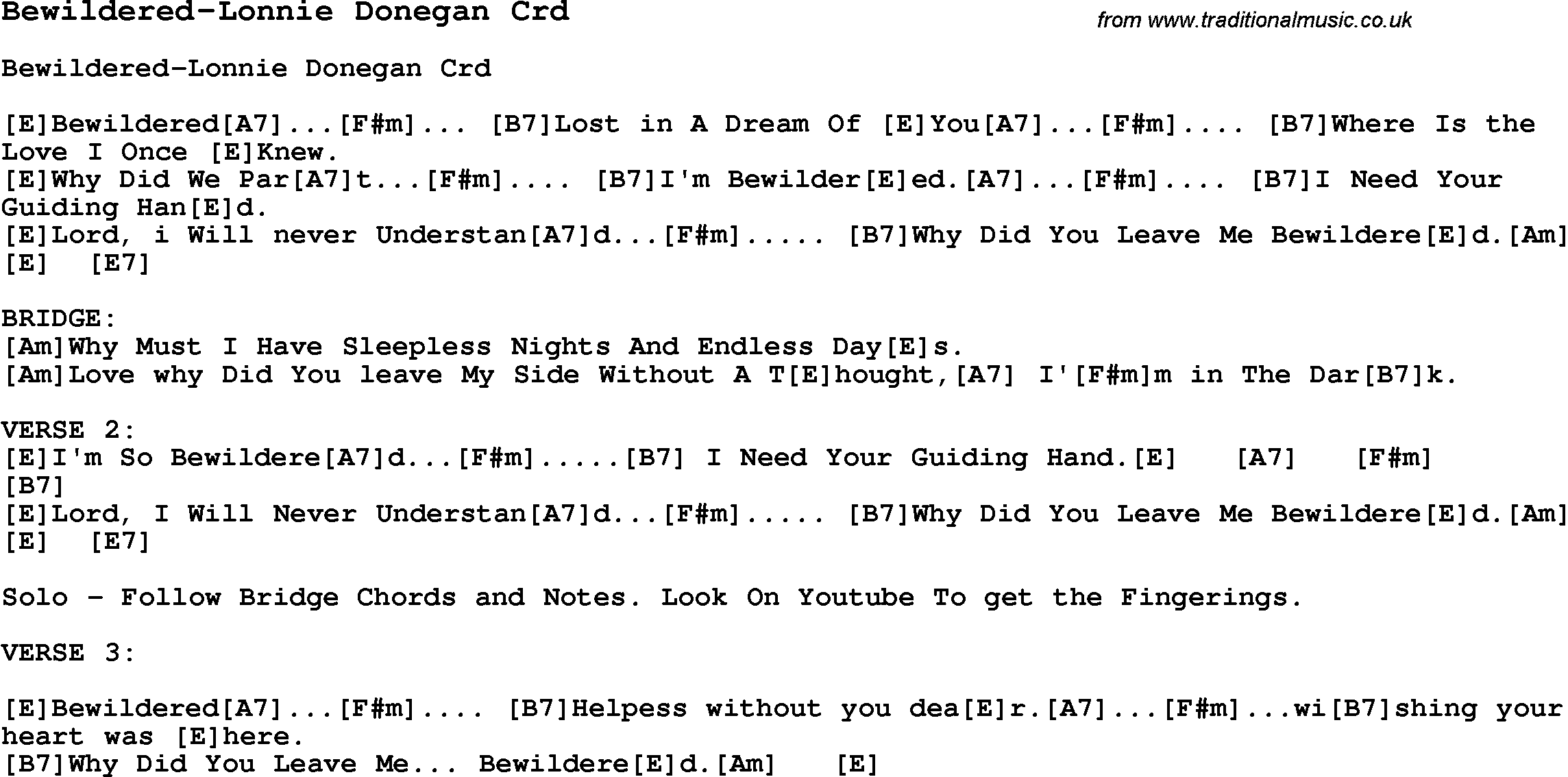 Skiffle Song Lyrics for Bewildered-Lonnie Donegan with chords for Mandolin, Ukulele, Guitar, Banjo etc.