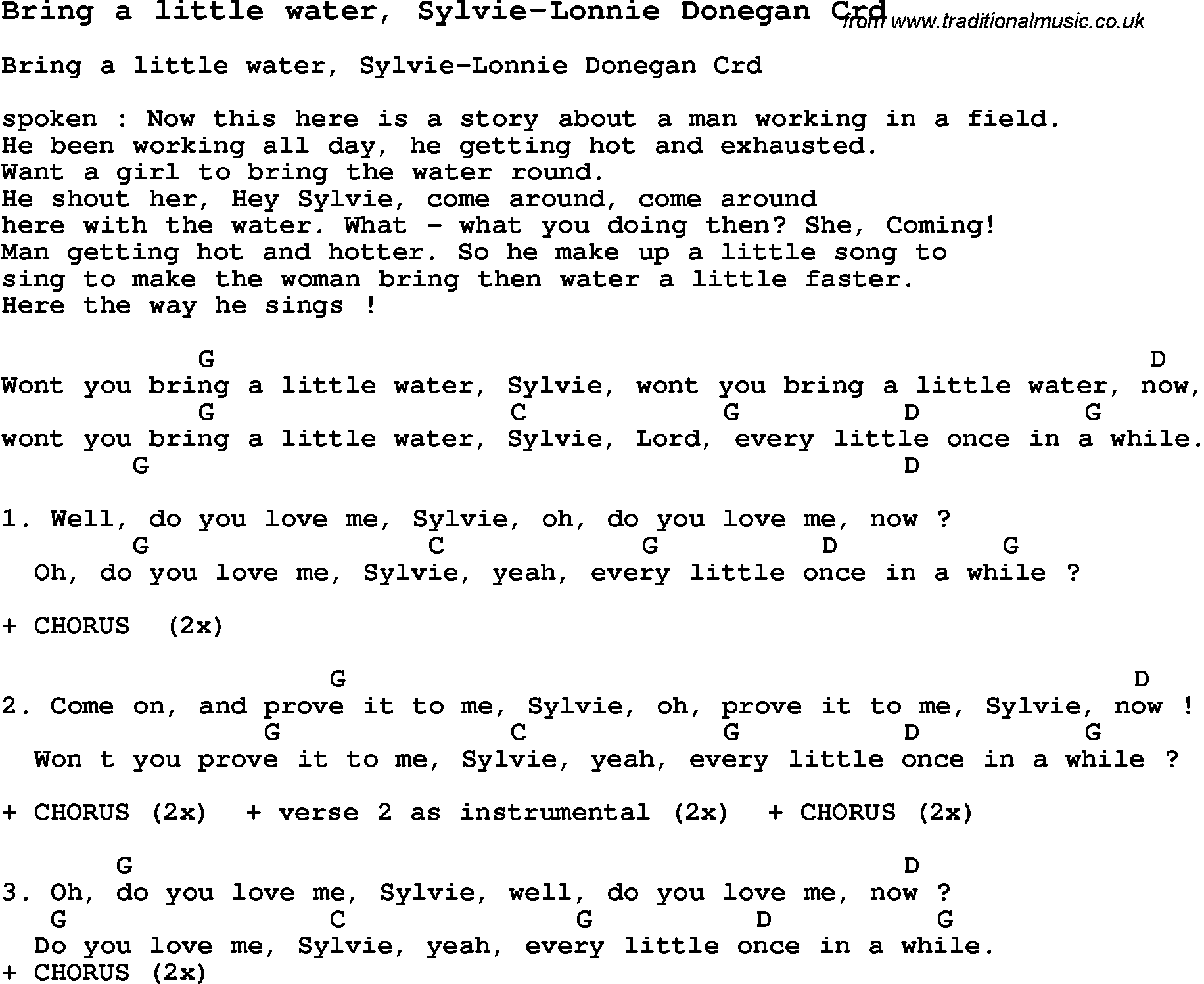 Skiffle Song Lyrics for Bring A Little Water, Sylvie-Lonnie Donegan with chords for Mandolin, Ukulele, Guitar, Banjo etc.