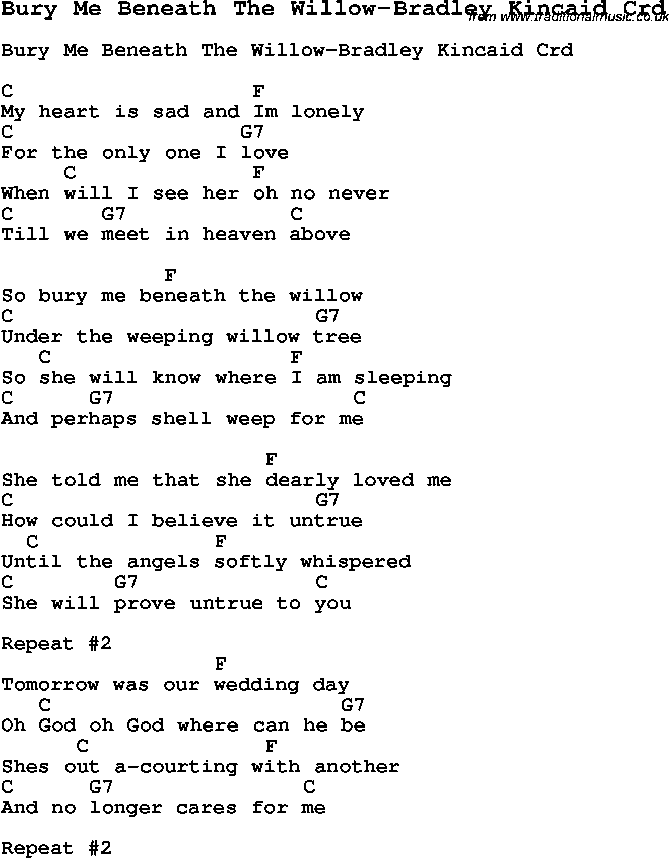 Skiffle Song Lyrics for Bury Me Beneath The Willow-Bradley Kincaid with chords for Mandolin, Ukulele, Guitar, Banjo etc.