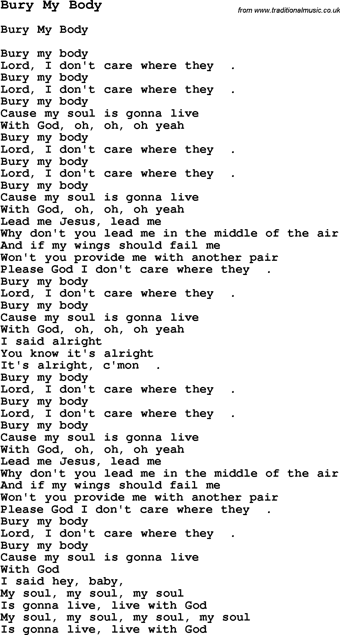 Skiffle Song Lyrics for Bury My Body.