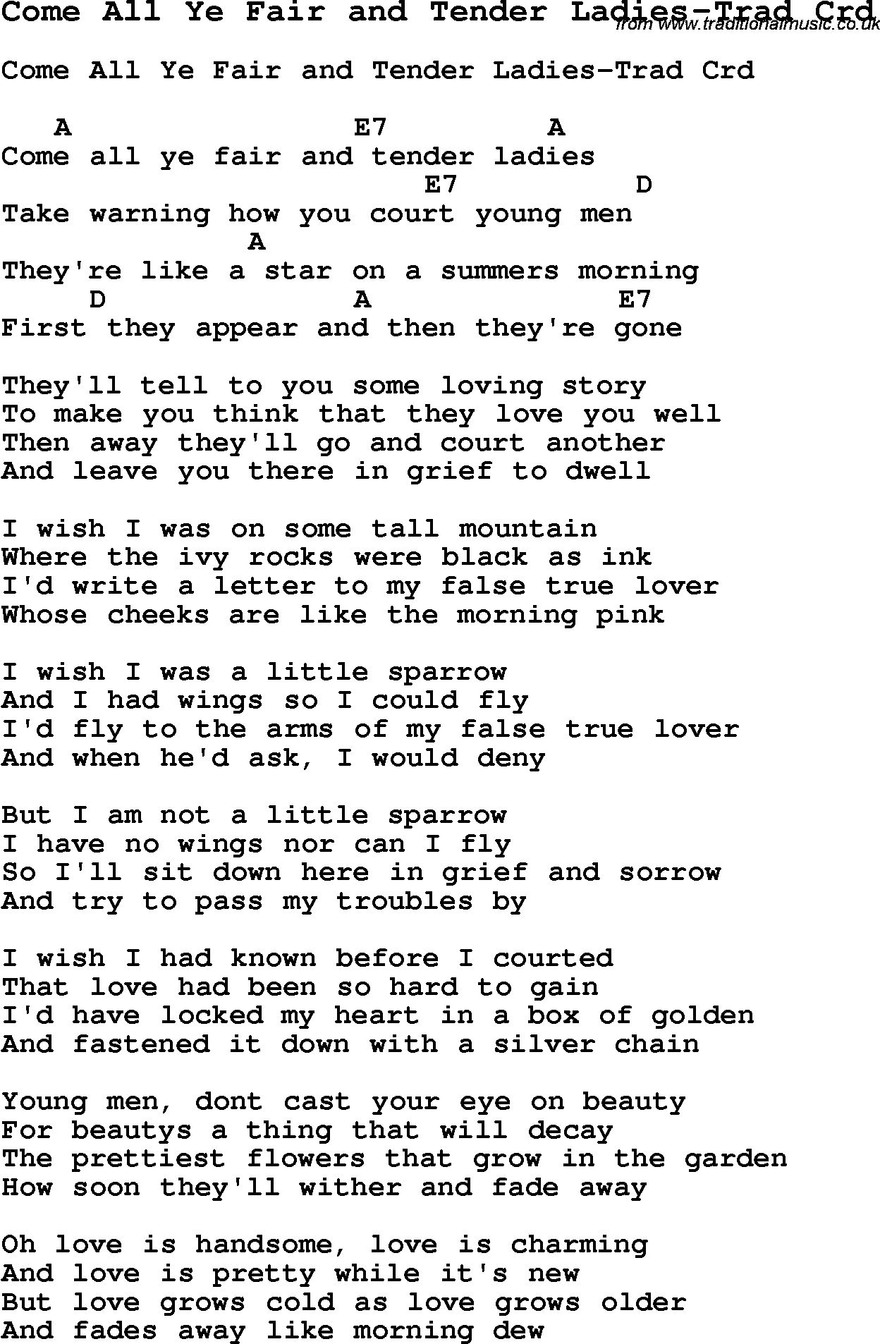 Skiffle Song Lyrics for Come All Ye Fair And Tender Ladies-Trad with chords for Mandolin, Ukulele, Guitar, Banjo etc.