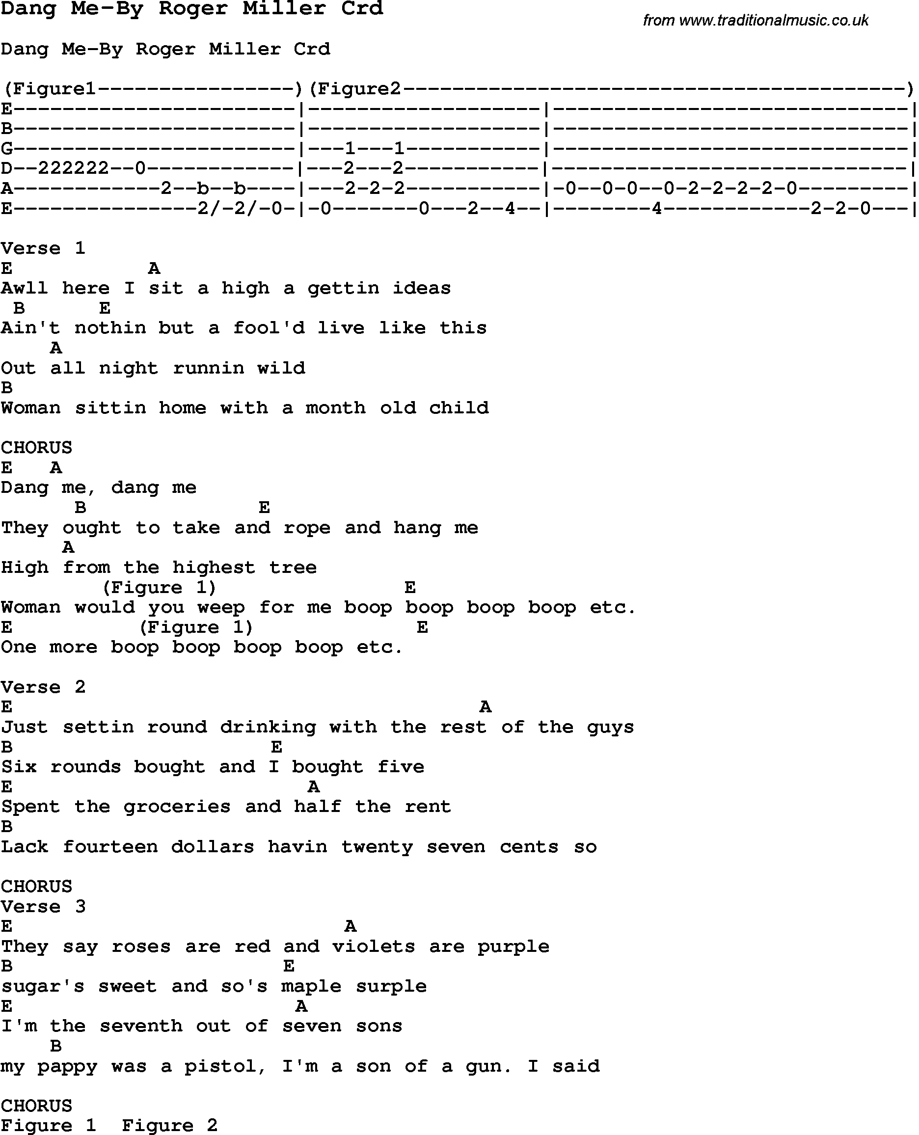 Skiffle Song Lyrics for Dang Me-By Roger Miller with chords for Mandolin, Ukulele, Guitar, Banjo etc.