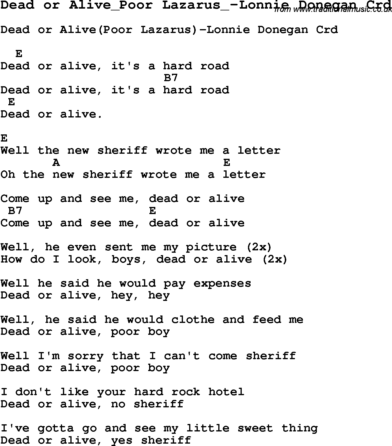 Skiffle Song Lyrics for Dead Or Alive Poor Lazarus-Lonnie Donegan with chords for Mandolin, Ukulele, Guitar, Banjo etc.