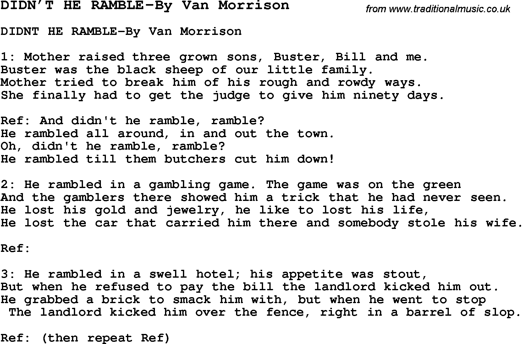 Skiffle Song Lyrics for Didn�t He Ramble-By Van Morrison.