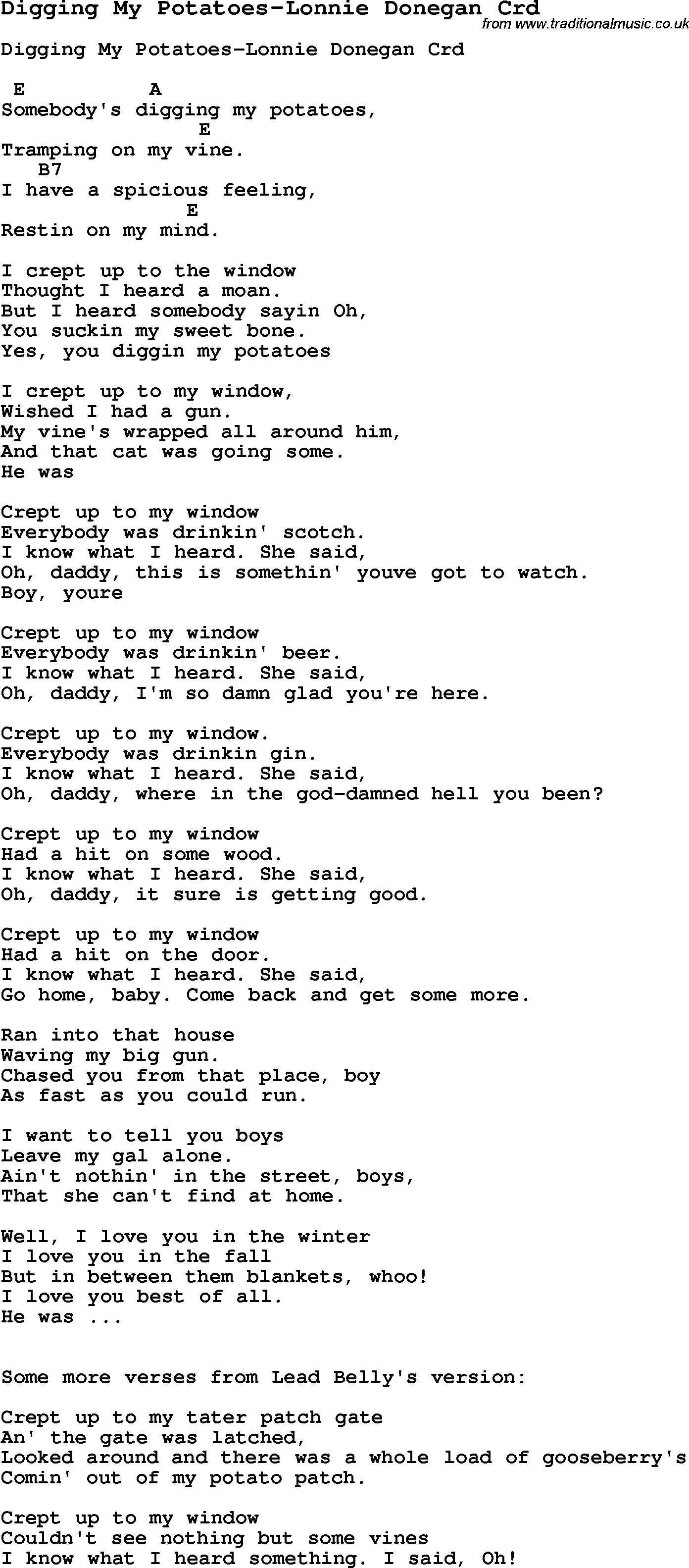Skiffle Song Lyrics for Digging My Potatoes-Lonnie Donegan with chords for Mandolin, Ukulele, Guitar, Banjo etc.