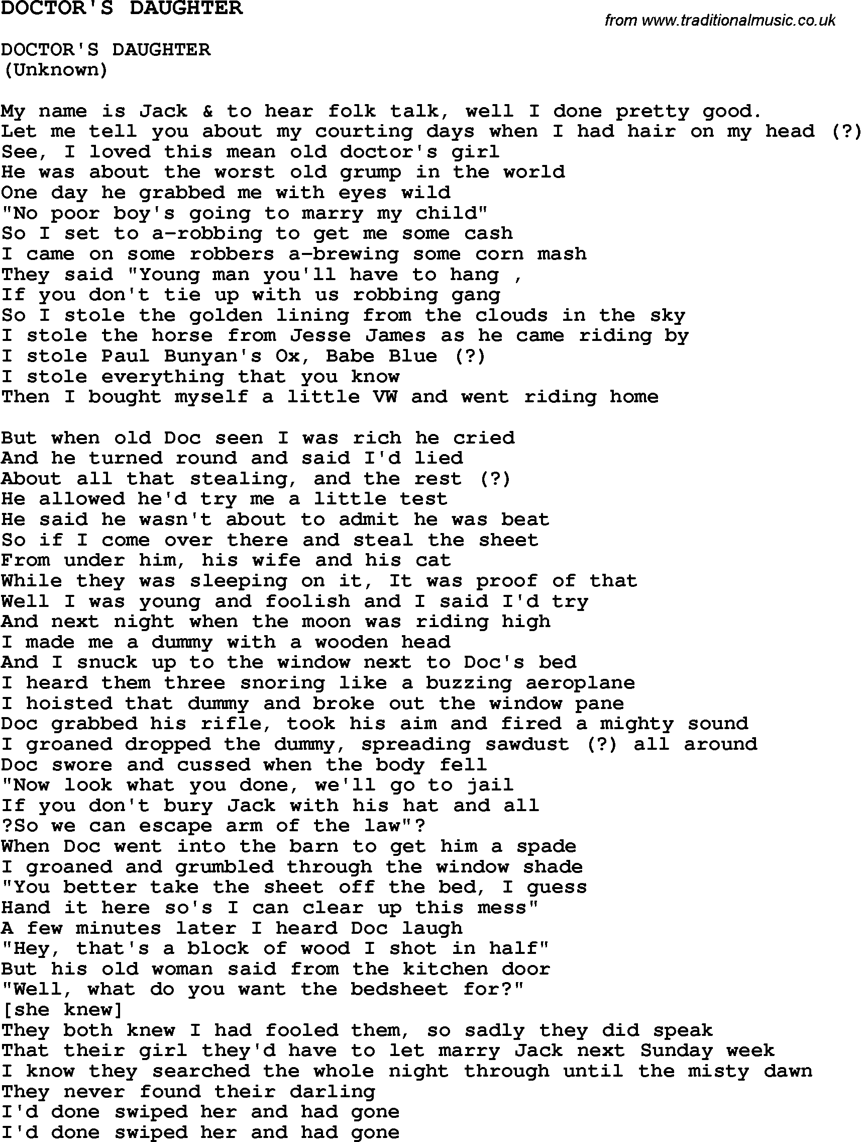 Skiffle Song Lyrics for Doctor's Daughter.