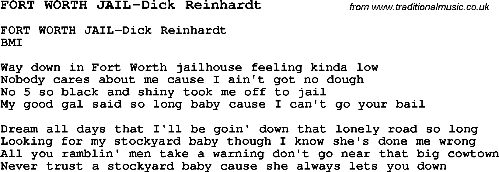 Skiffle Song Lyrics for Fort Worth Jail-Dick Reinhardt.