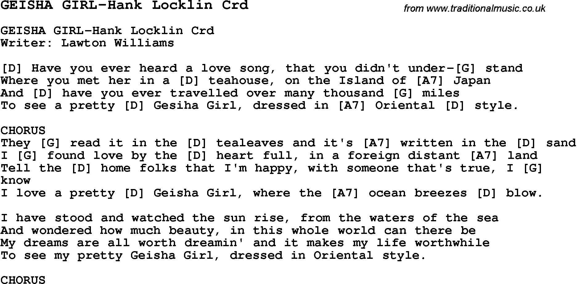 Skiffle Song Lyrics for Geisha Girl-Hank Locklin with chords for Mandolin, Ukulele, Guitar, Banjo etc.