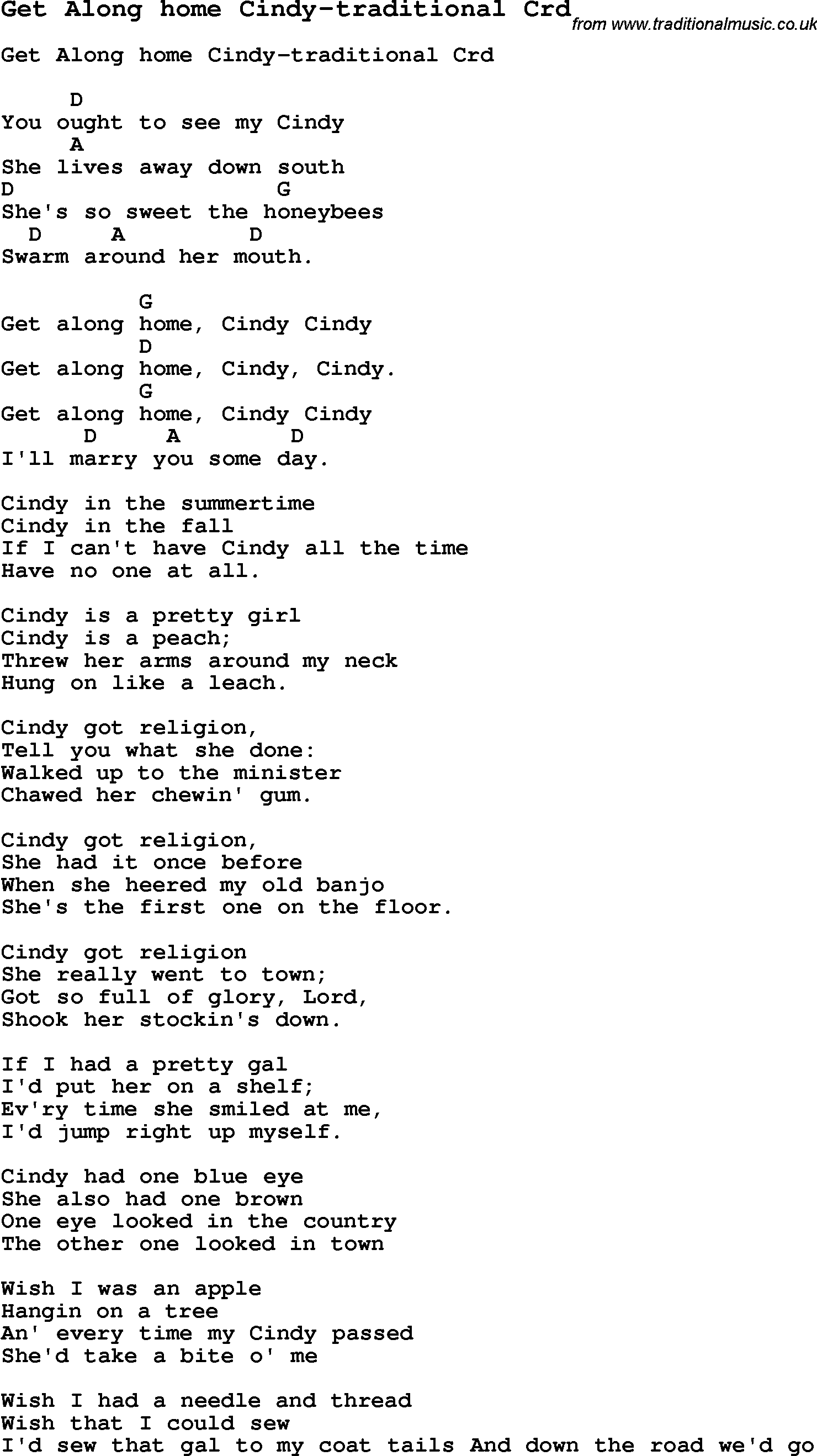 Skiffle Song Lyrics for Get Along Home Cindy-Traditional with chords for Mandolin, Ukulele, Guitar, Banjo etc.
