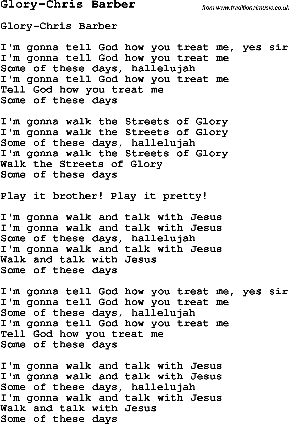 Skiffle Song Lyrics for Glory-Chris Barber.