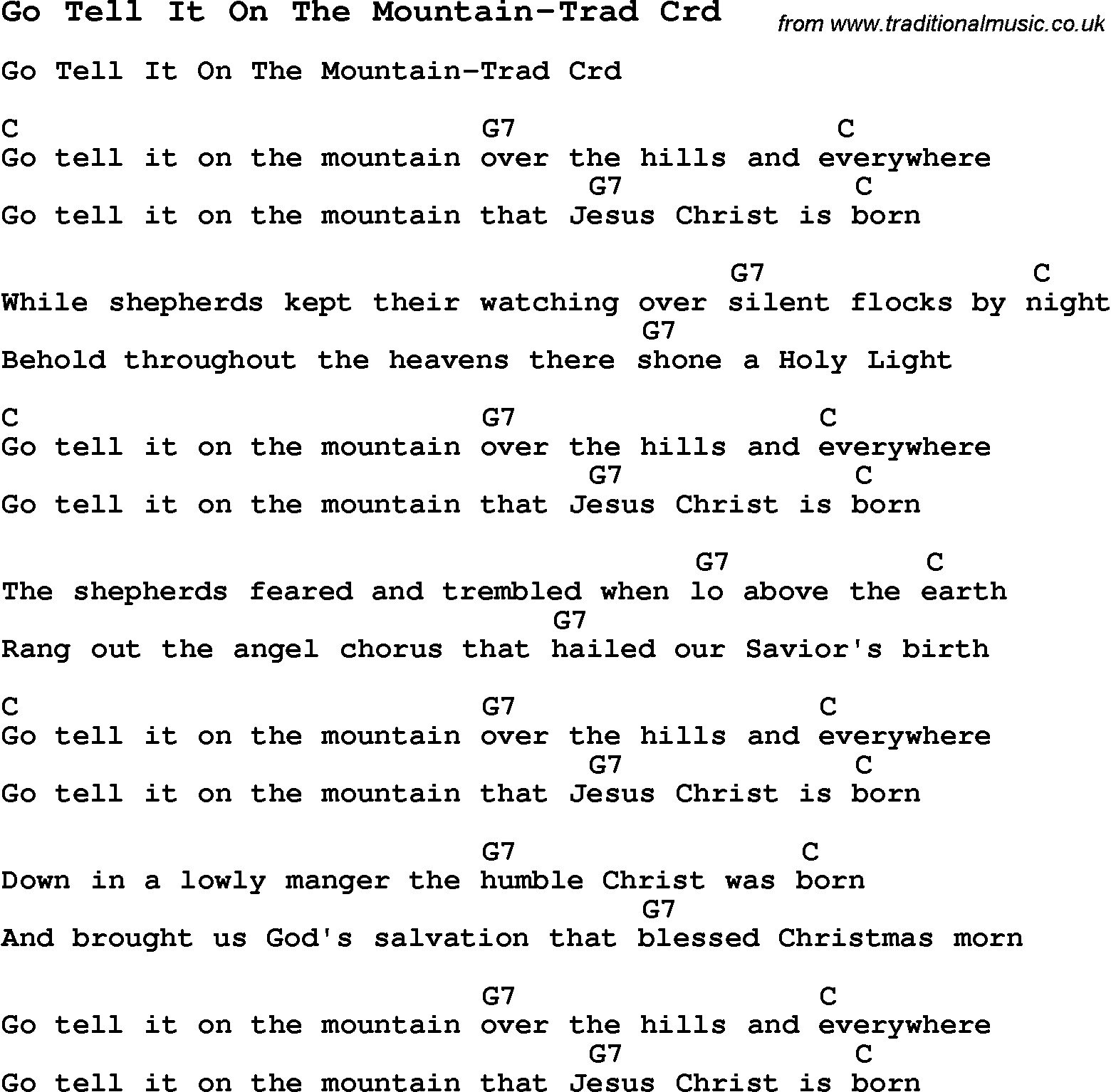 Skiffle Lyrics for Go Tell It On The MountainTrad with chords for