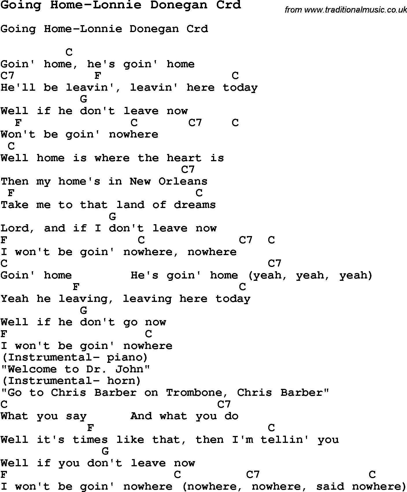 Skiffle Song Lyrics for Going Home-Lonnie Donegan with chords for Mandolin, Ukulele, Guitar, Banjo etc.