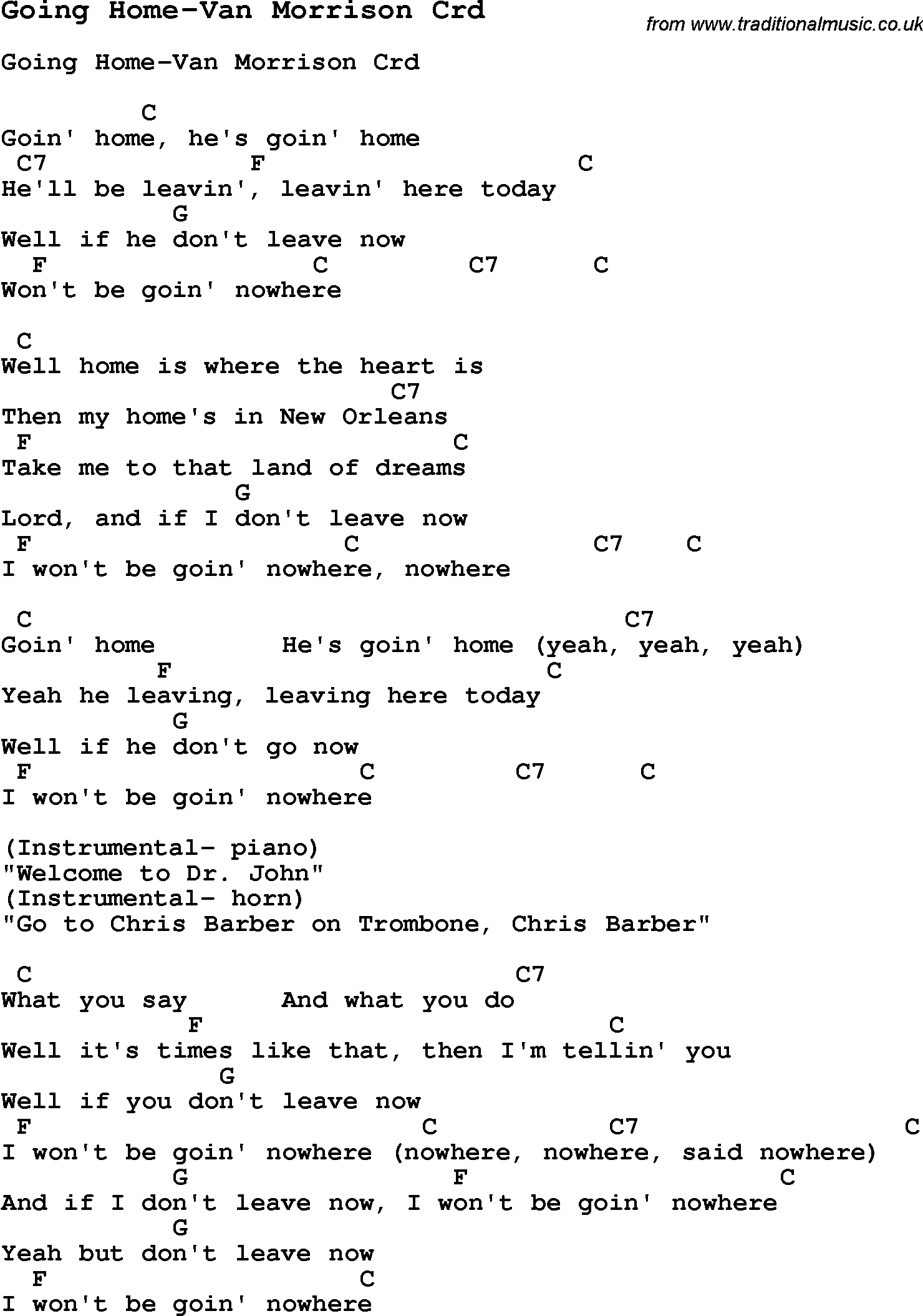 Skiffle Song Lyrics for Going Home-Van Morrison with chords for Mandolin, Ukulele, Guitar, Banjo etc.