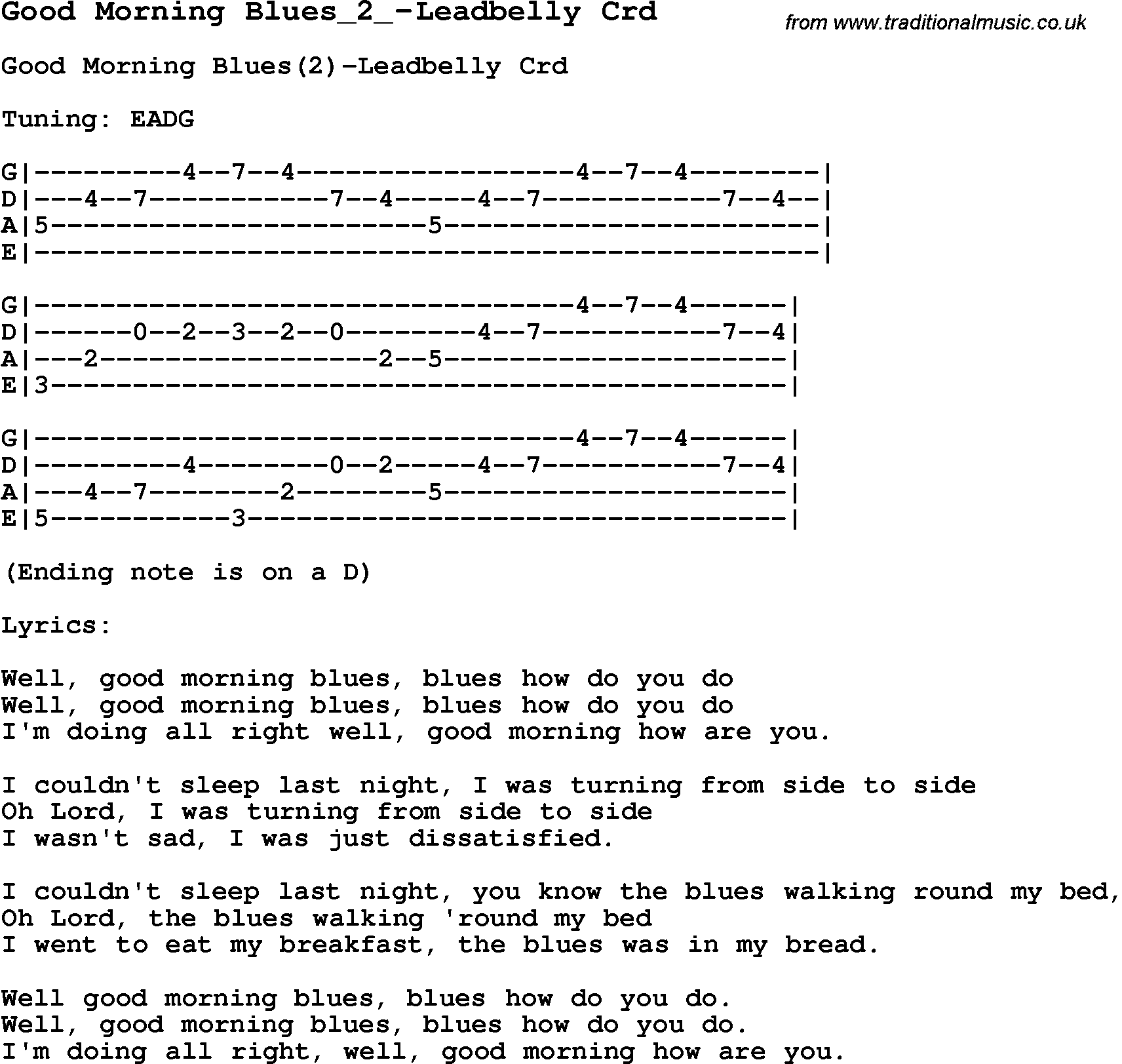 Skiffle Song Lyrics for Good Morning Blues 2-Leadbelly with chords for Mandolin, Ukulele, Guitar, Banjo etc.