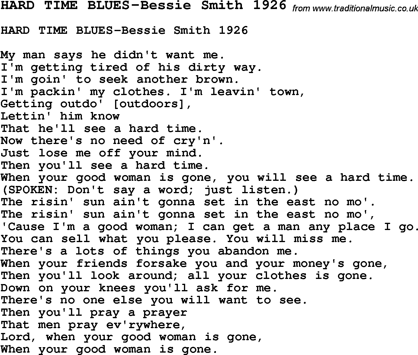Skiffle Song Lyrics for Hard Time Blues-Bessie Smith 1926.