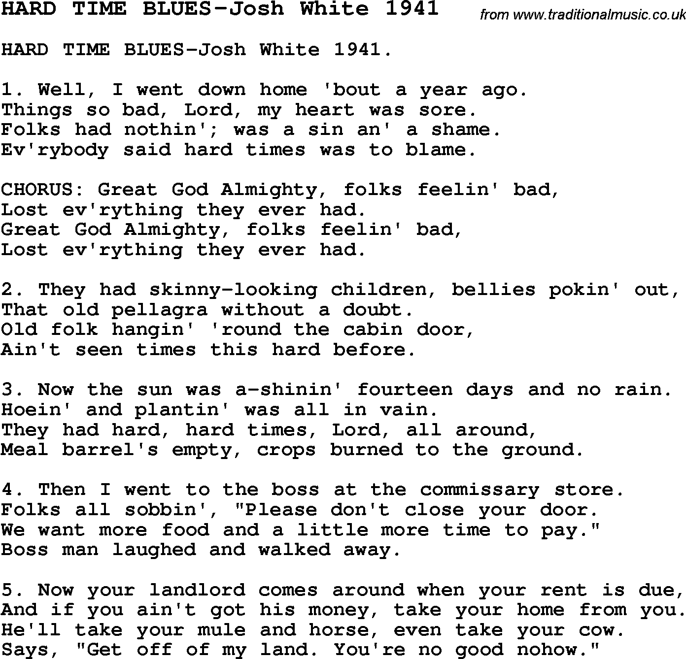 Skiffle Song Lyrics for Hard Time Blues-Josh White 1941.