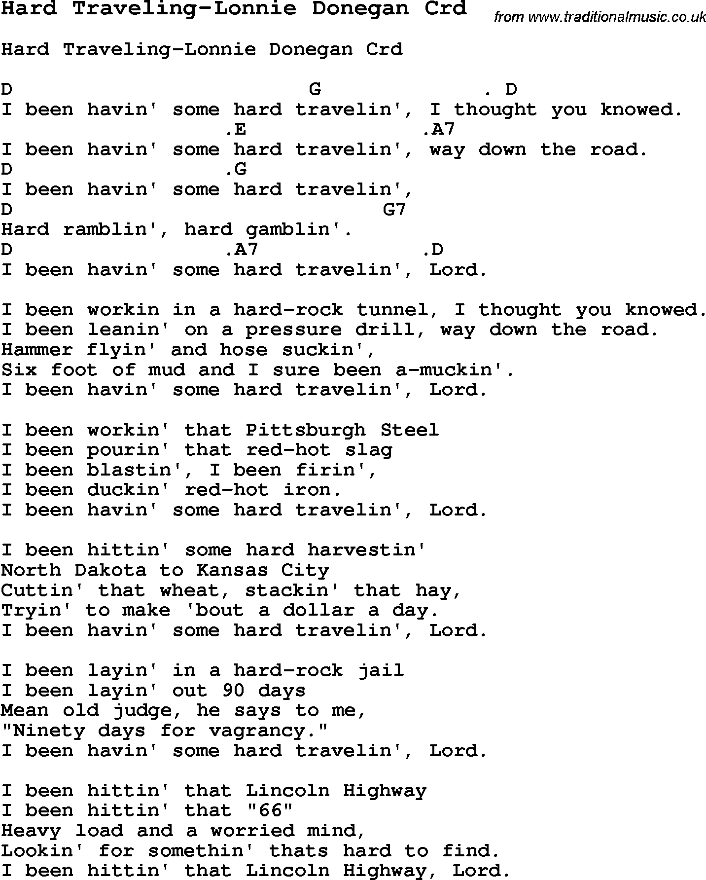 Skiffle Song Lyrics for Hard Traveling-Lonnie Donegan with chords for Mandolin, Ukulele, Guitar, Banjo etc.