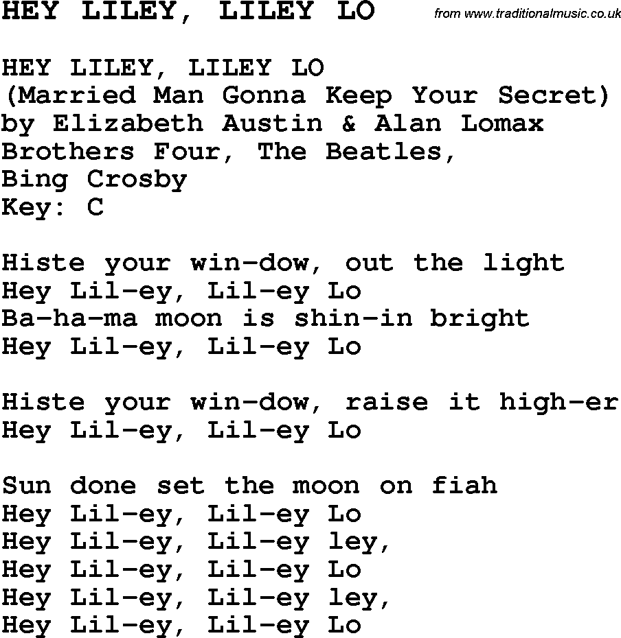 Skiffle Song Lyrics for Hey Liley, Liley Lo.