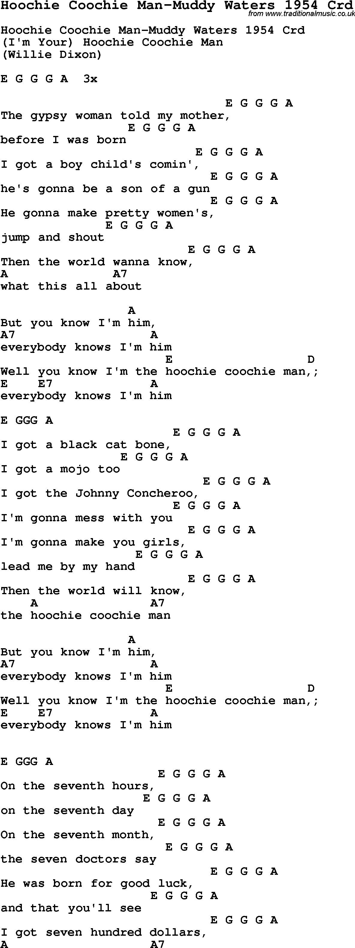 Skiffle Song Lyrics for Hoochie Coochie Man-Muddy Waters 1954 with chords for Mandolin, Ukulele, Guitar, Banjo etc.