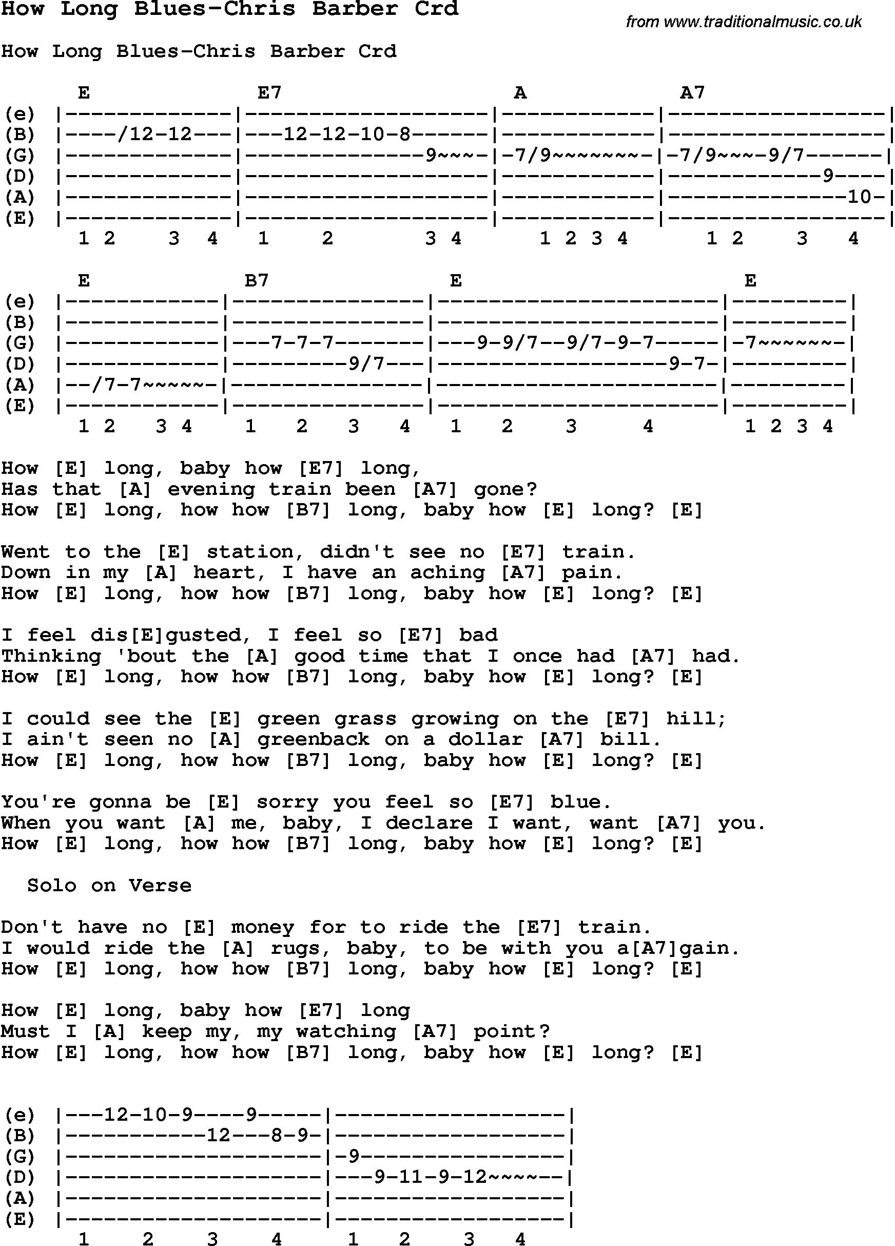 Skiffle Song Lyrics for How Long Blues-Chris Barber with chords for Mandolin, Ukulele, Guitar, Banjo etc.