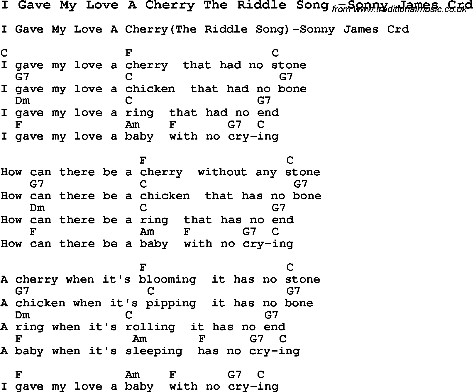 Skiffle Song Lyrics for I Gave My Love A Cherry The Riddle Song-Sonny James with chords for Mandolin, Ukulele, Guitar, Banjo etc.