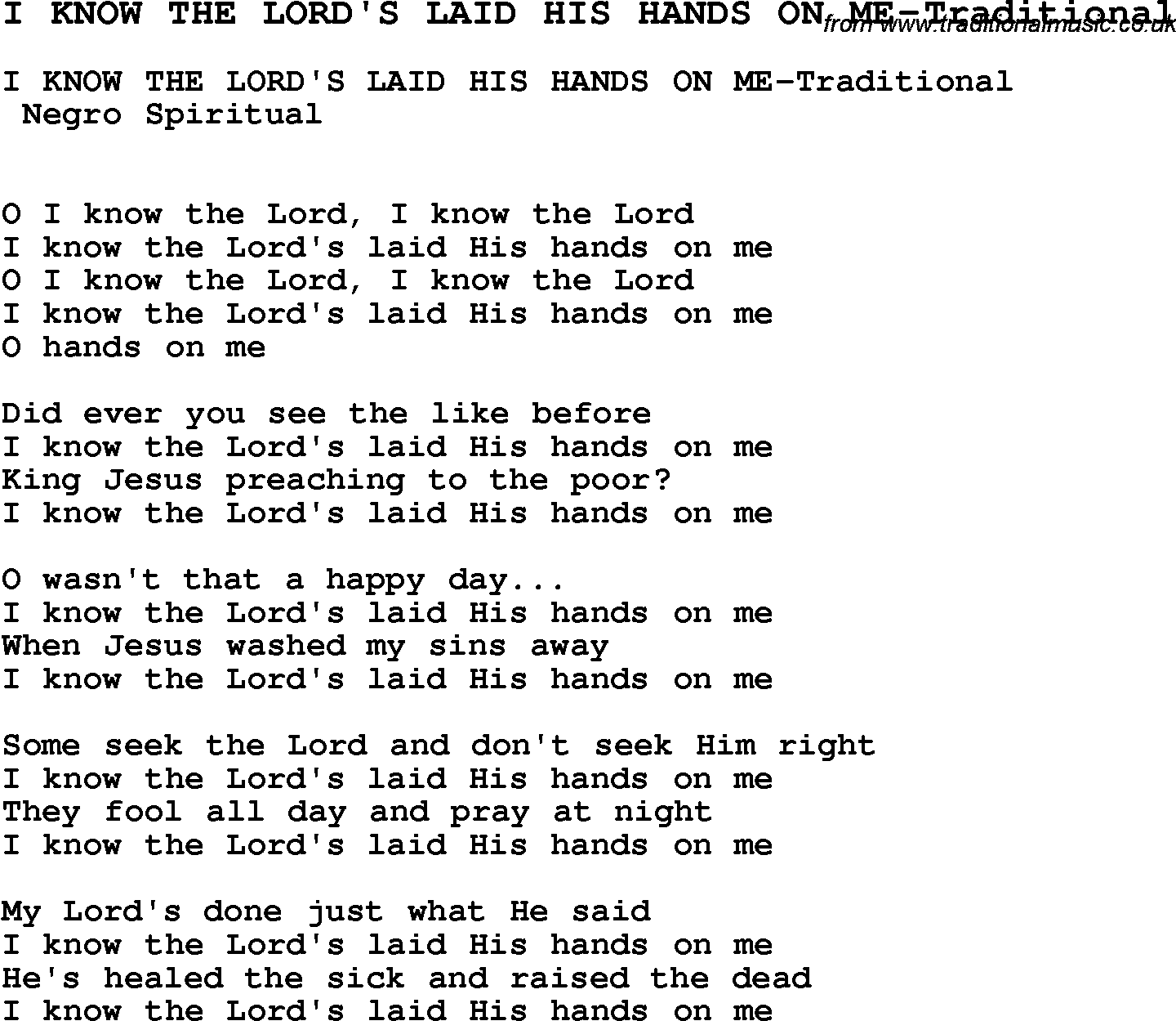 Skiffle Song Lyrics for I Know The Lord's Laid His Hands On Me-Traditional.