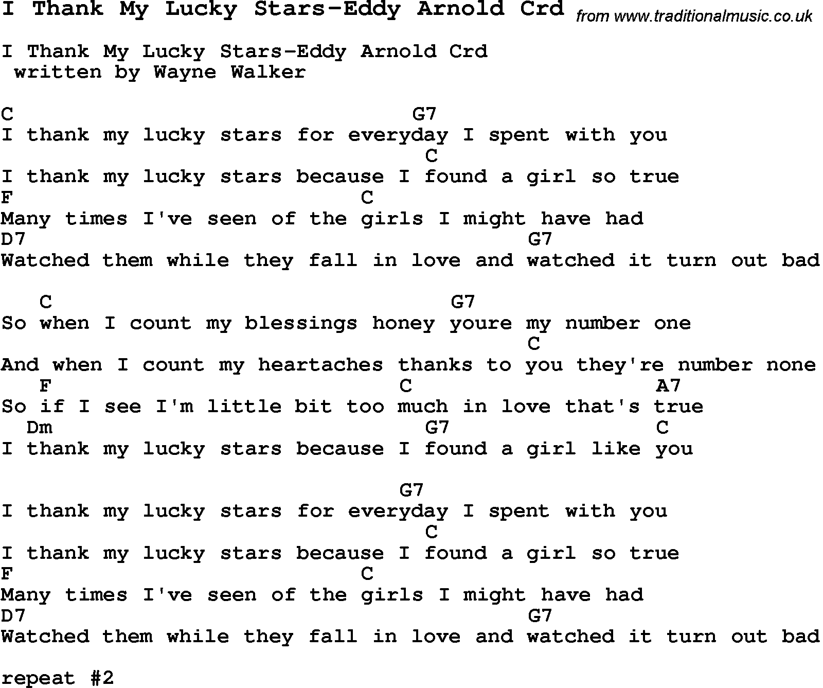 Skiffle Song Lyrics for I Thank My Lucky Stars-Eddy Arnold with chords for Mandolin, Ukulele, Guitar, Banjo etc.