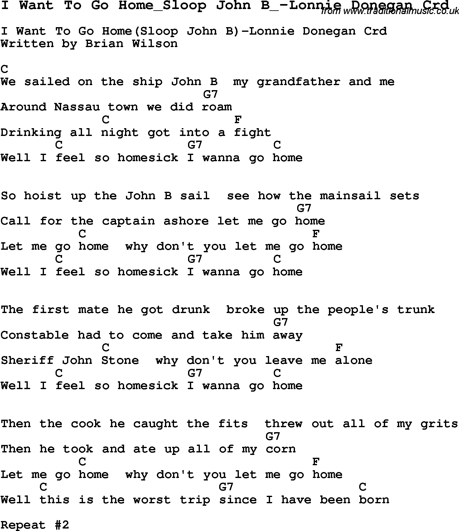 Skiffle Song Lyrics for I Want To Go Home Sloop John B-Lonnie Donegan with chords for Mandolin, Ukulele, Guitar, Banjo etc.