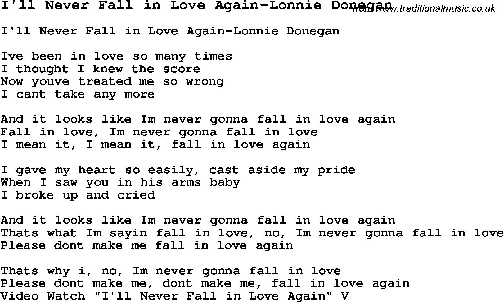 Skiffle Song Lyrics for I'll Never Fall In Love Again-Lonnie Donegan.