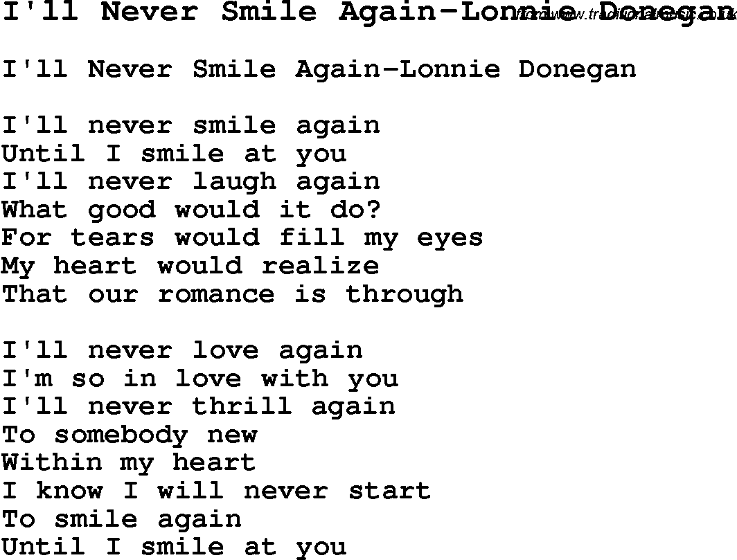 Skiffle Song Lyrics for I'll Never Smile Again-Lonnie Donegan.