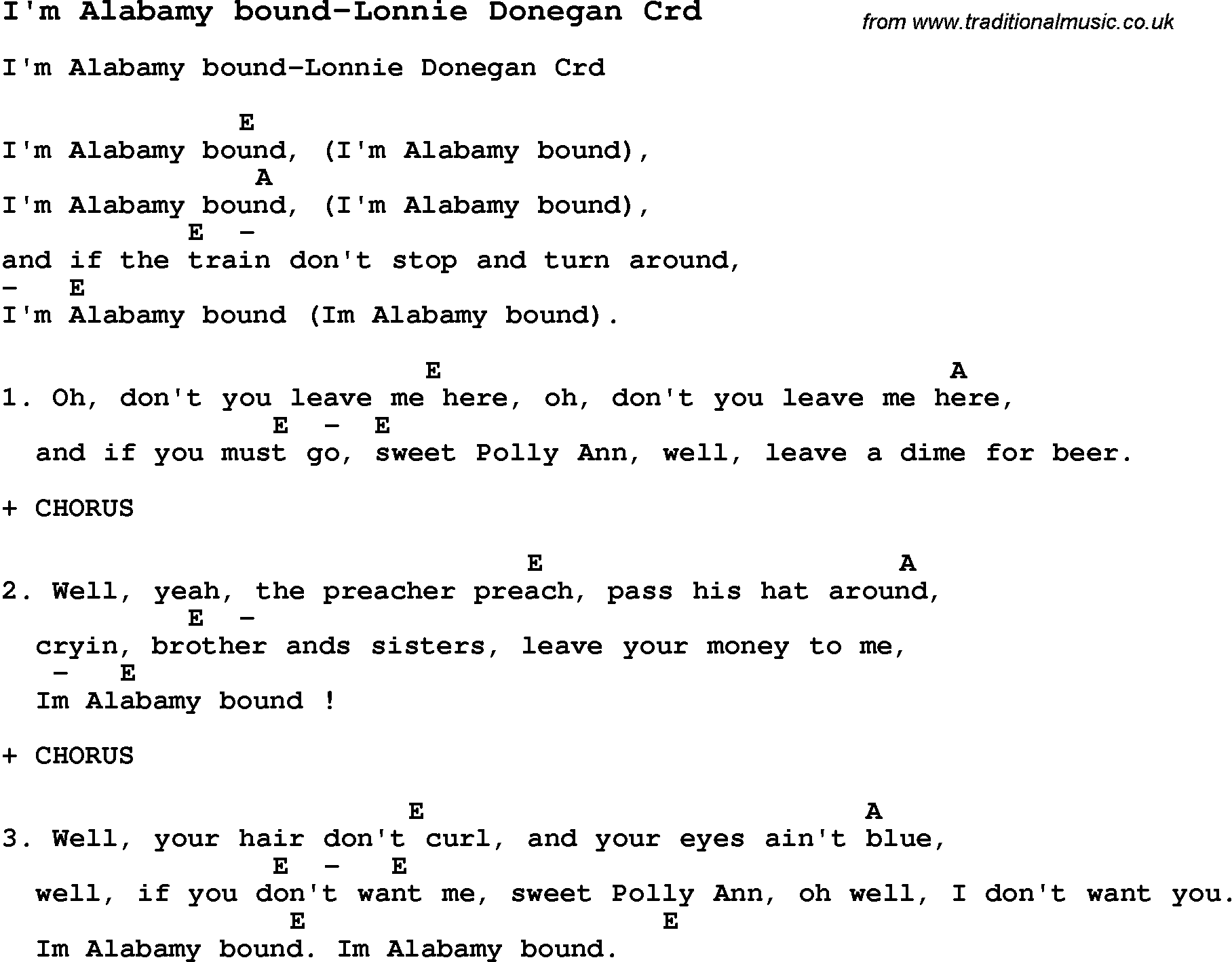 Skiffle Song Lyrics for I'm Alabamy Bound-Lonnie Donegan with chords for Mandolin, Ukulele, Guitar, Banjo etc.