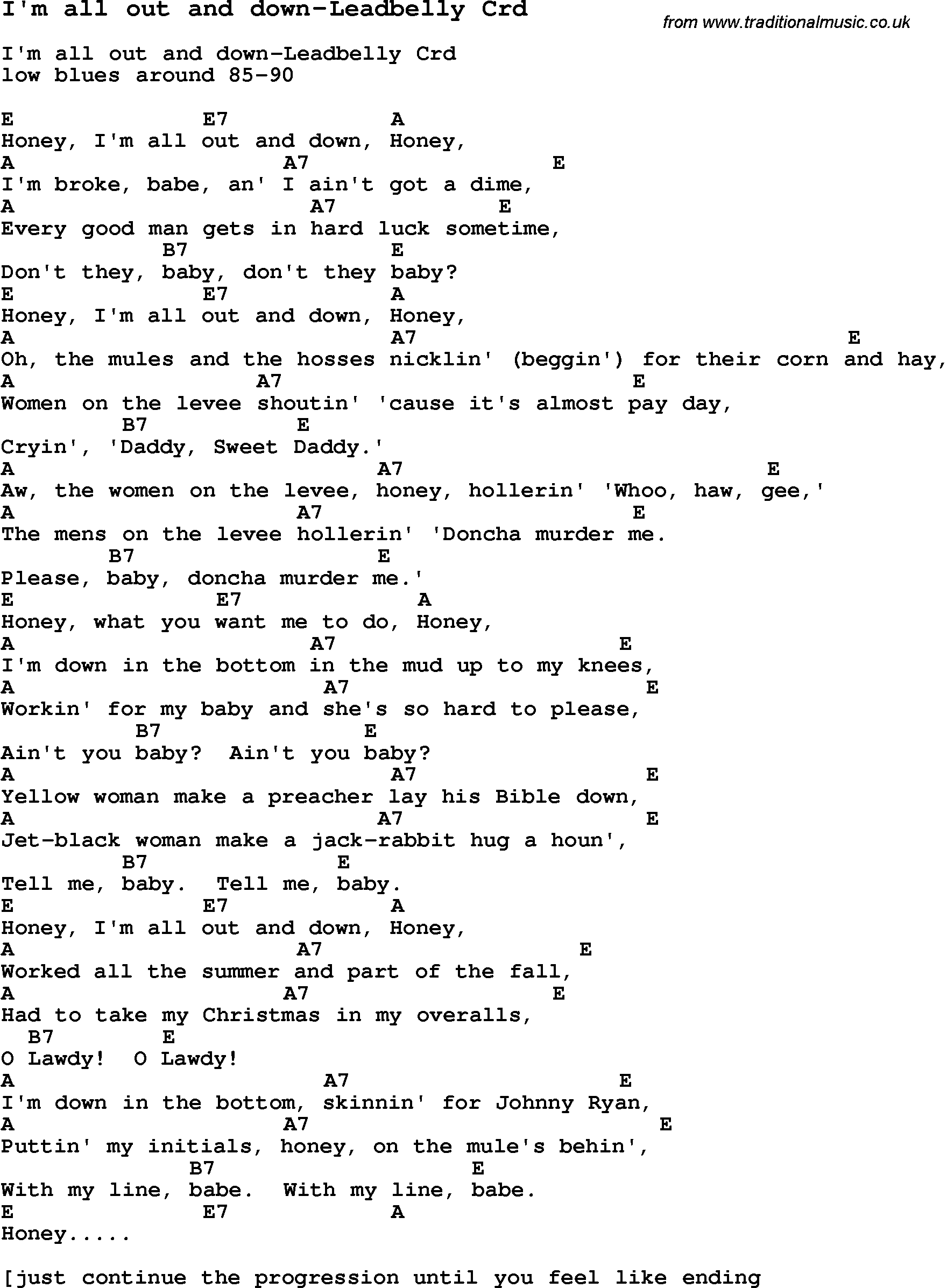 Skiffle Song Lyrics for I'm All Out And Down-Leadbelly with chords for Mandolin, Ukulele, Guitar, Banjo etc.
