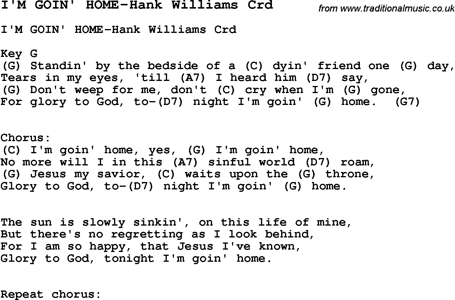 Skiffle Song Lyrics for I'm Goin' Home-Hank Williams with chords for Mandolin, Ukulele, Guitar, Banjo etc.