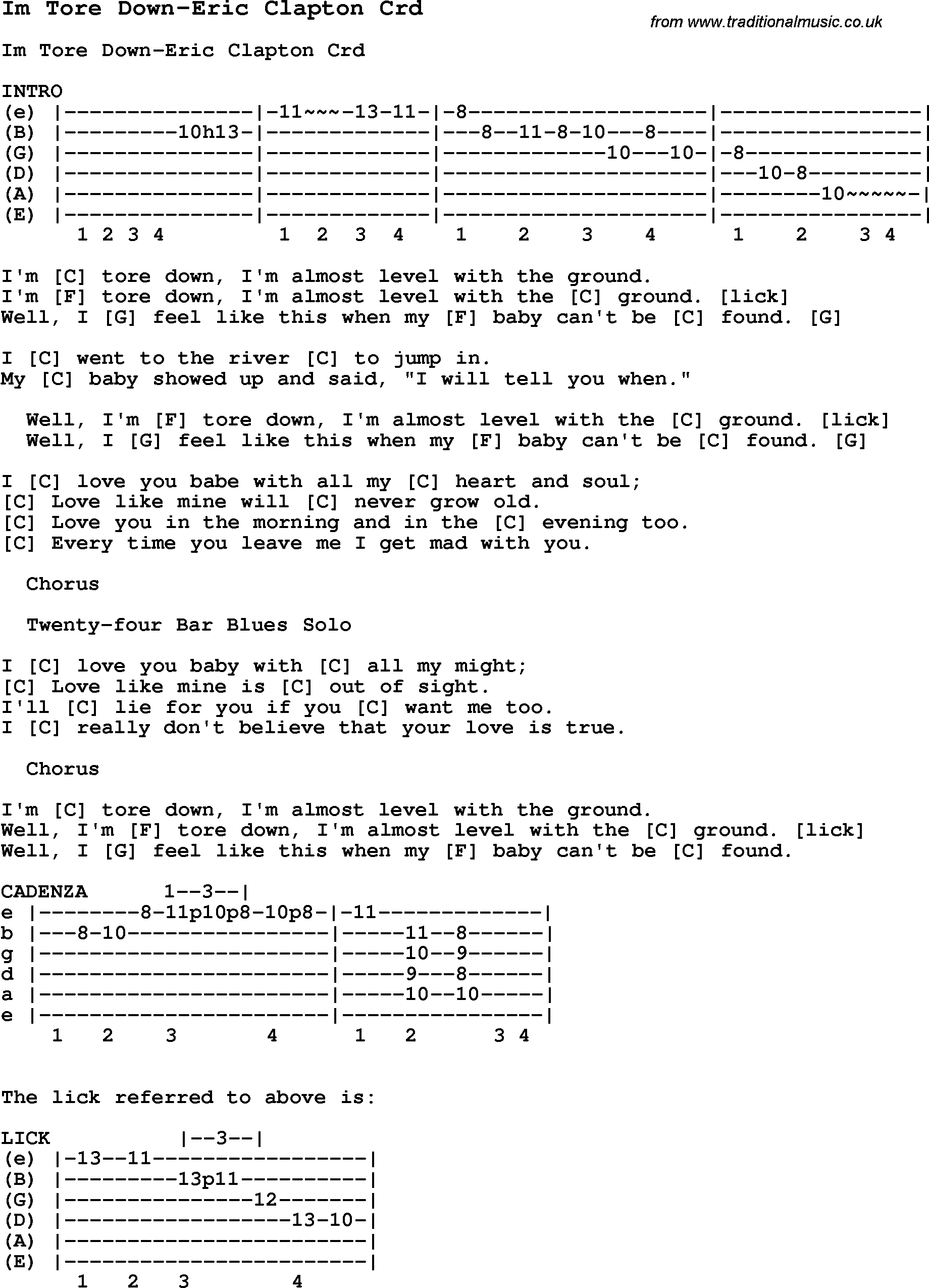Skiffle Song Lyrics for Im Tore Down-Eric Clapton with chords for Mandolin, Ukulele, Guitar, Banjo etc.