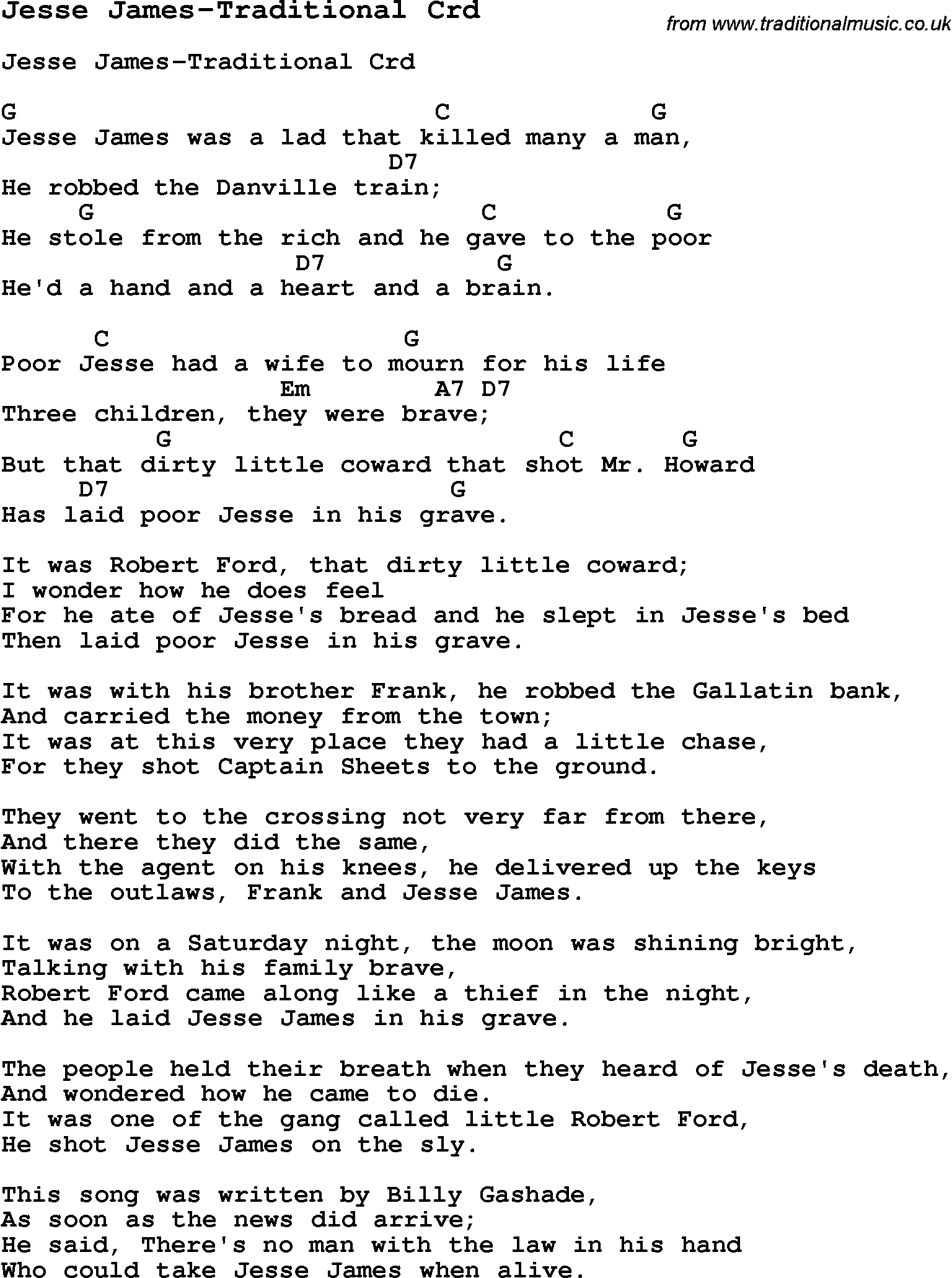 Skiffle Song Lyrics for Jesse James-Traditional with chords for Mandolin, Ukulele, Guitar, Banjo etc.