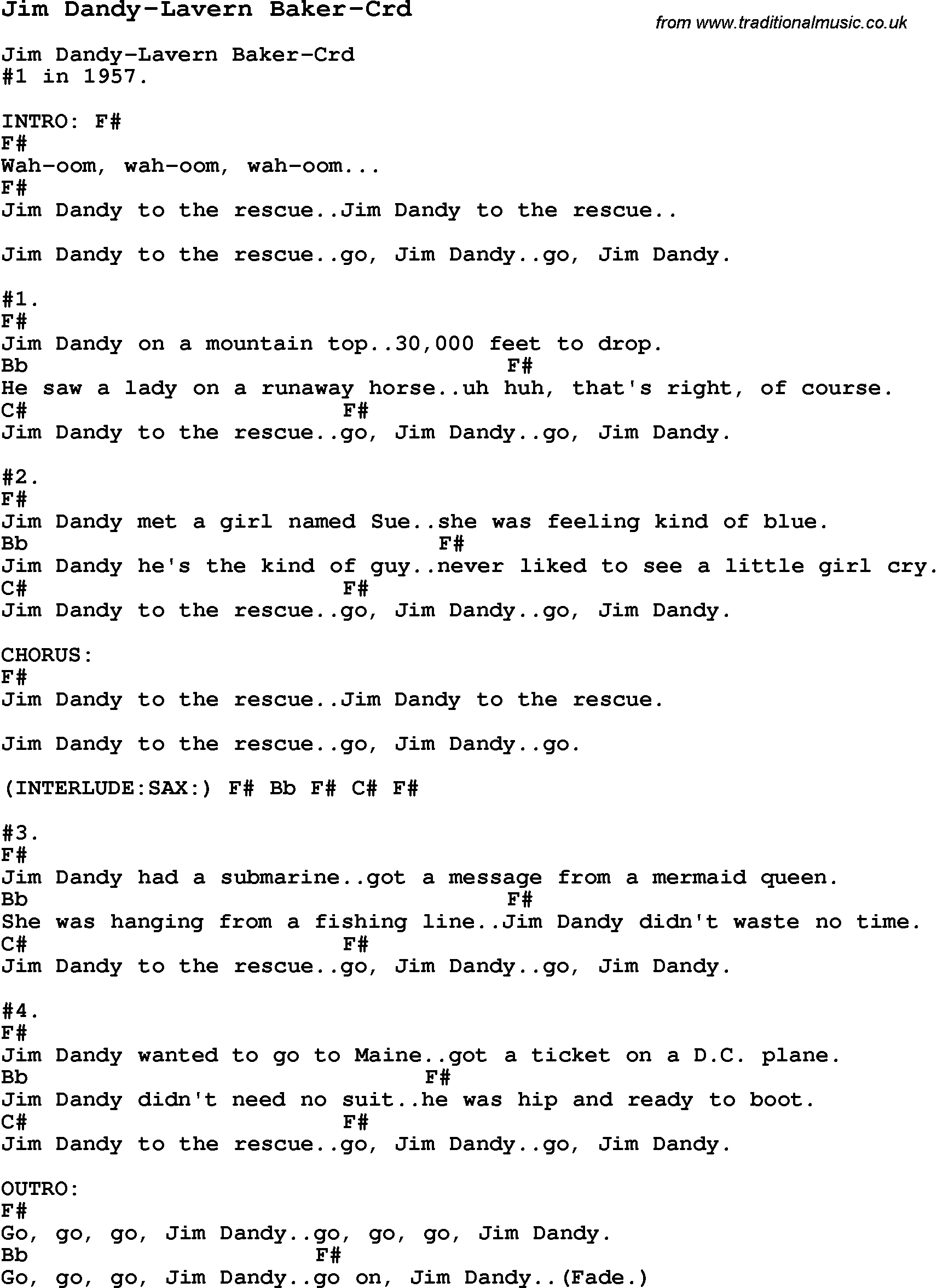 Skiffle Song Lyrics for Jim Dandy-Lavern Baker-Crd.