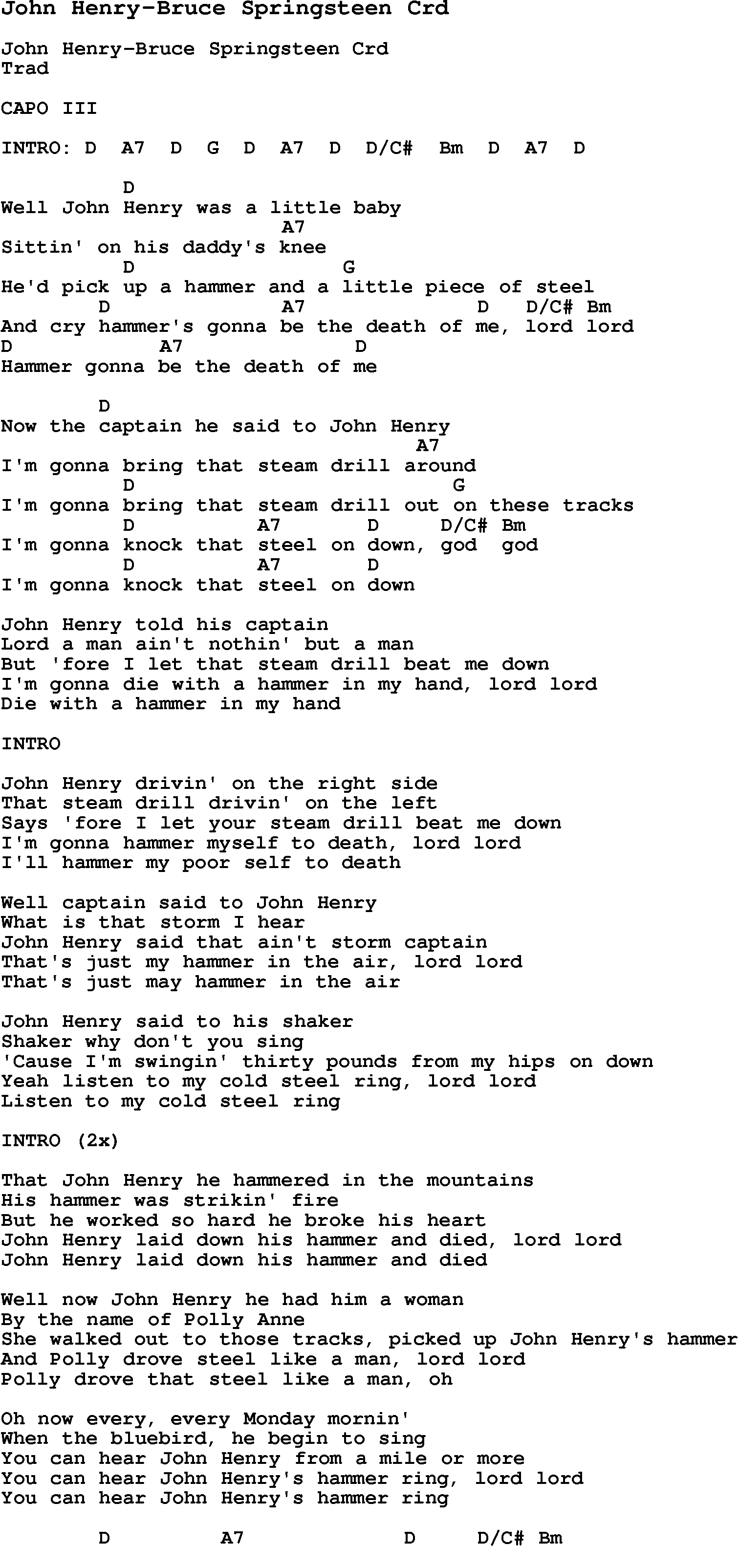 Skiffle Song Lyrics for John Henry-Bruce Springsteen with chords for Mandolin, Ukulele, Guitar, Banjo etc.