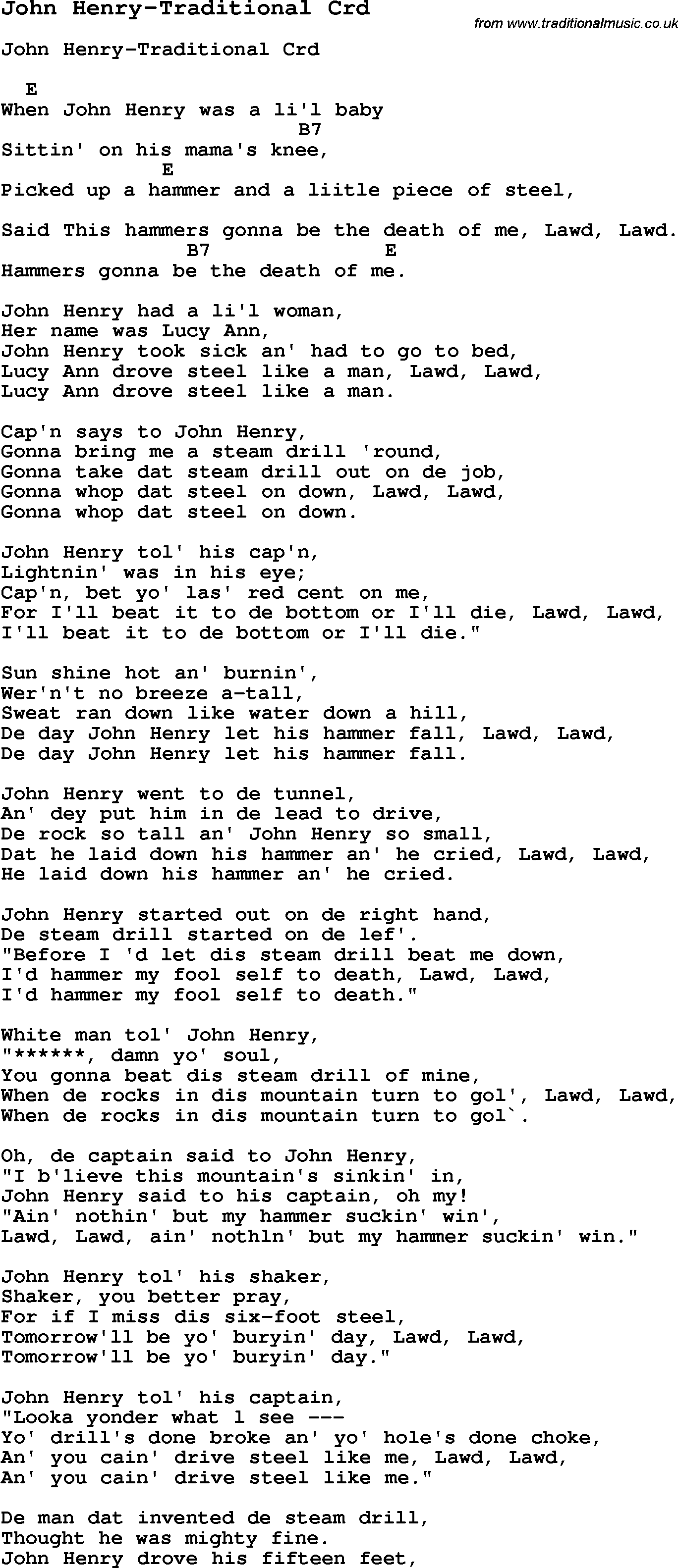 Skiffle Song Lyrics for John Henry-Traditional with chords for Mandolin, Ukulele, Guitar, Banjo etc.