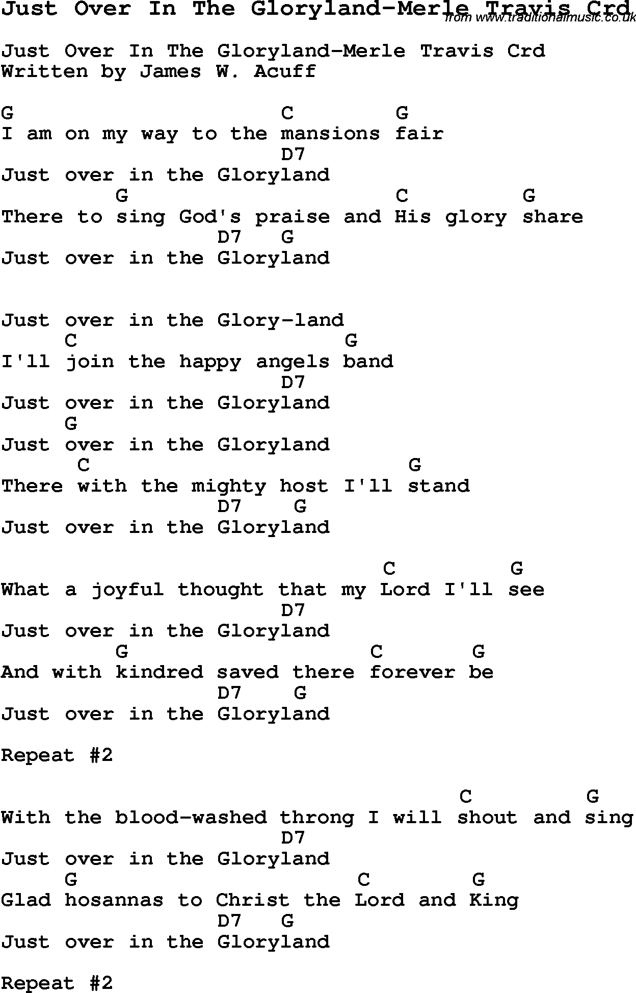 Skiffle Song Lyrics for Just Over In The Gloryland-Merle Travis with chords for Mandolin, Ukulele, Guitar, Banjo etc.