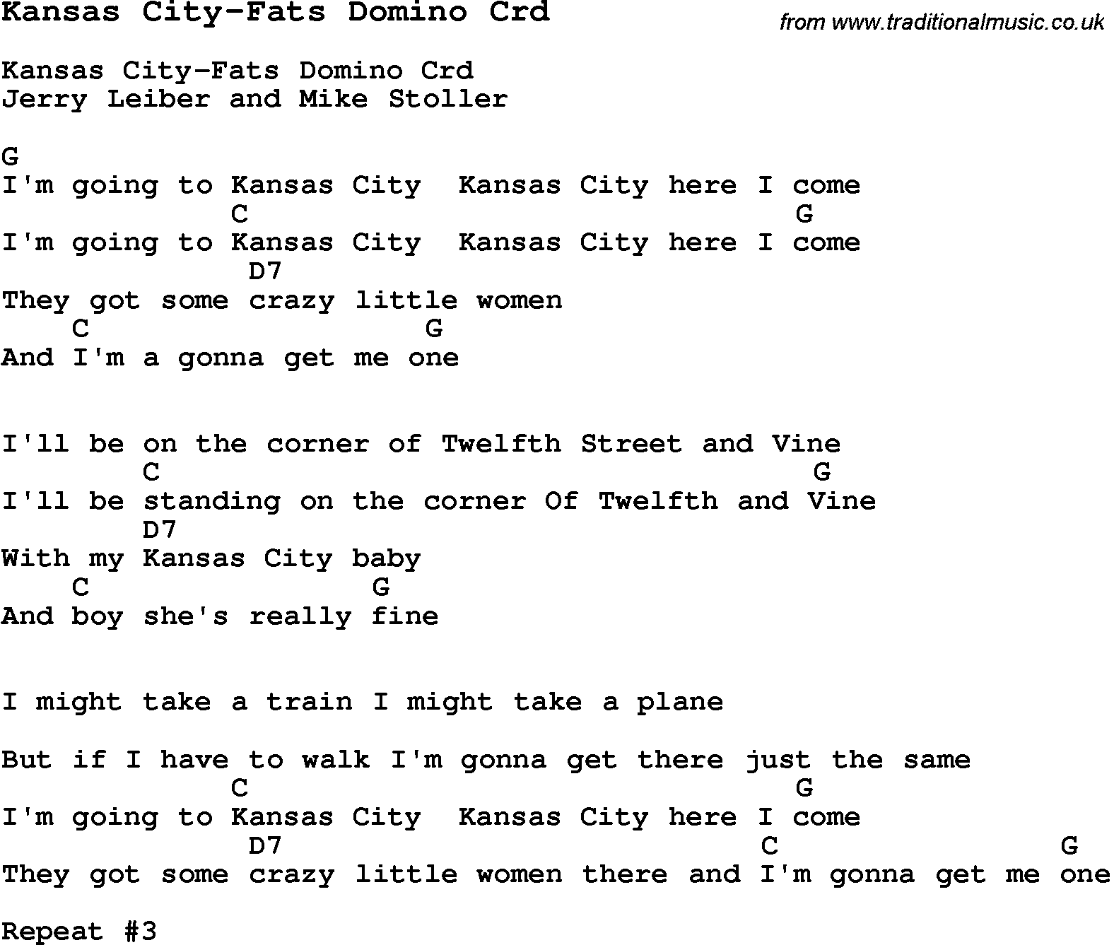 Skiffle Song Lyrics for Kansas City-Fats Domino with chords for Mandolin, Ukulele, Guitar, Banjo etc.