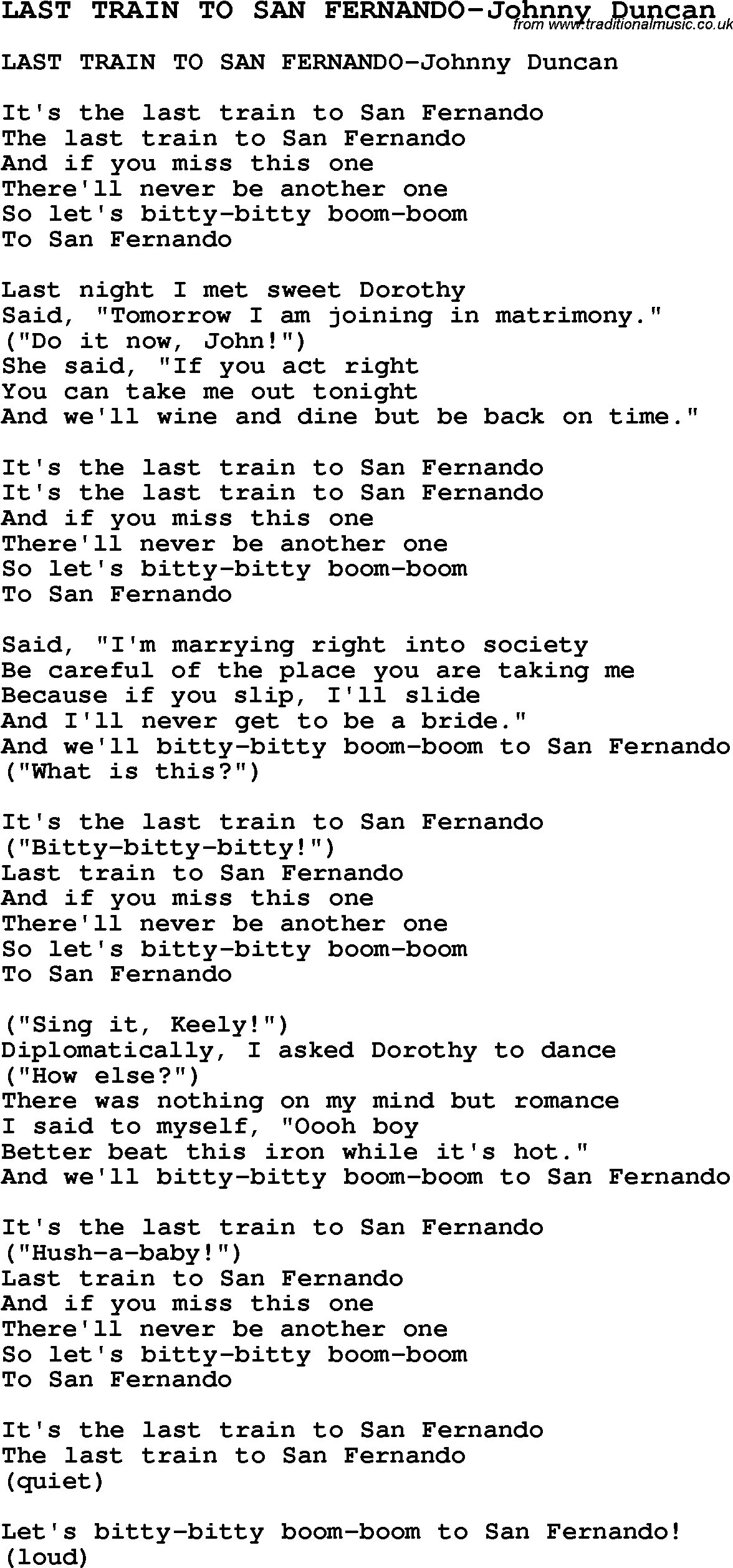 Skiffle Song Lyrics for Last Train To San Fernando-Johnny Duncan.