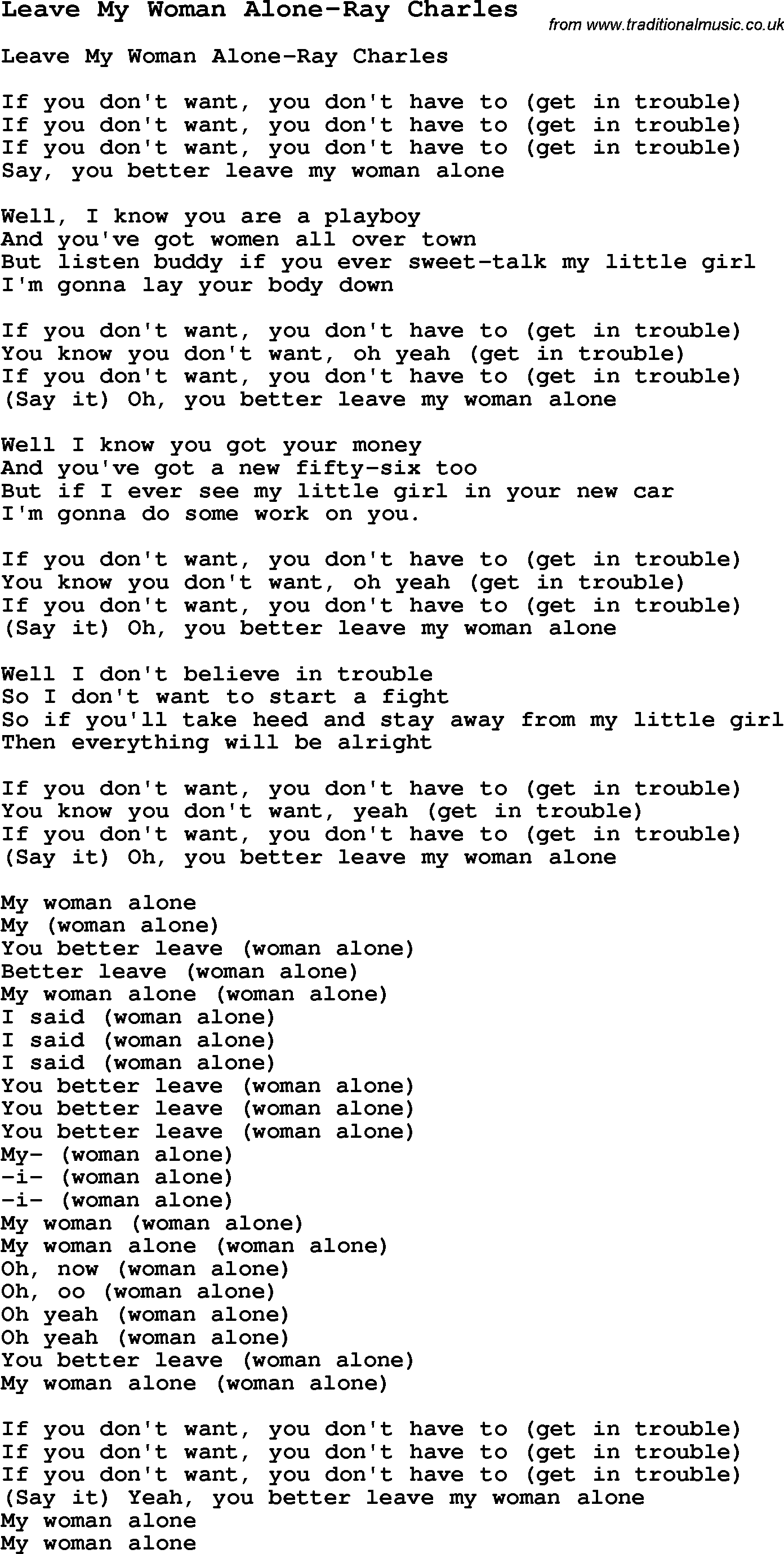Skiffle Song Lyrics for Leave My Woman Alone-Ray Charles.