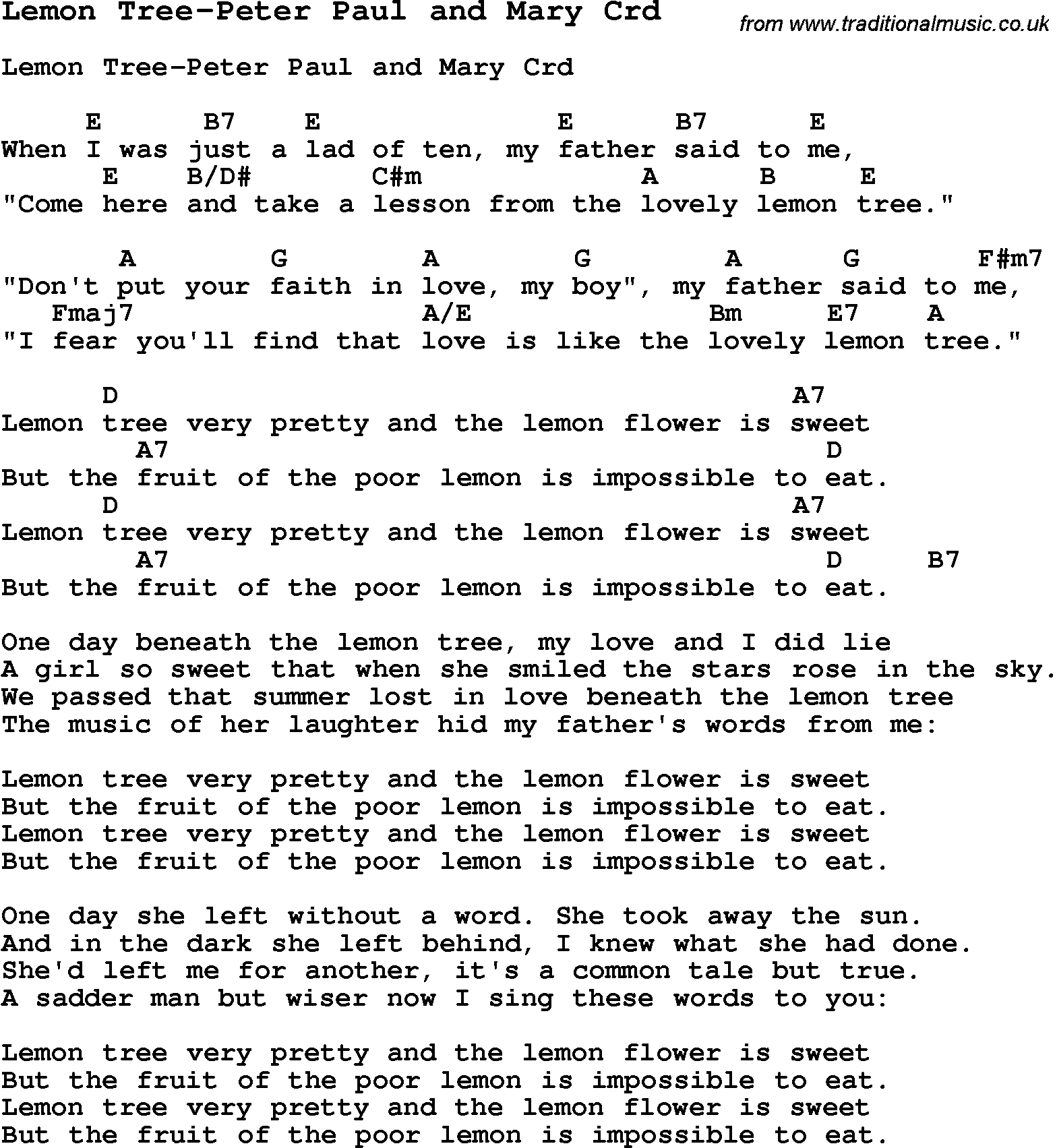 Skiffle Song Lyrics for Lemon Tree-Peter Paul And Mary with chords for Mandolin, Ukulele, Guitar, Banjo etc.