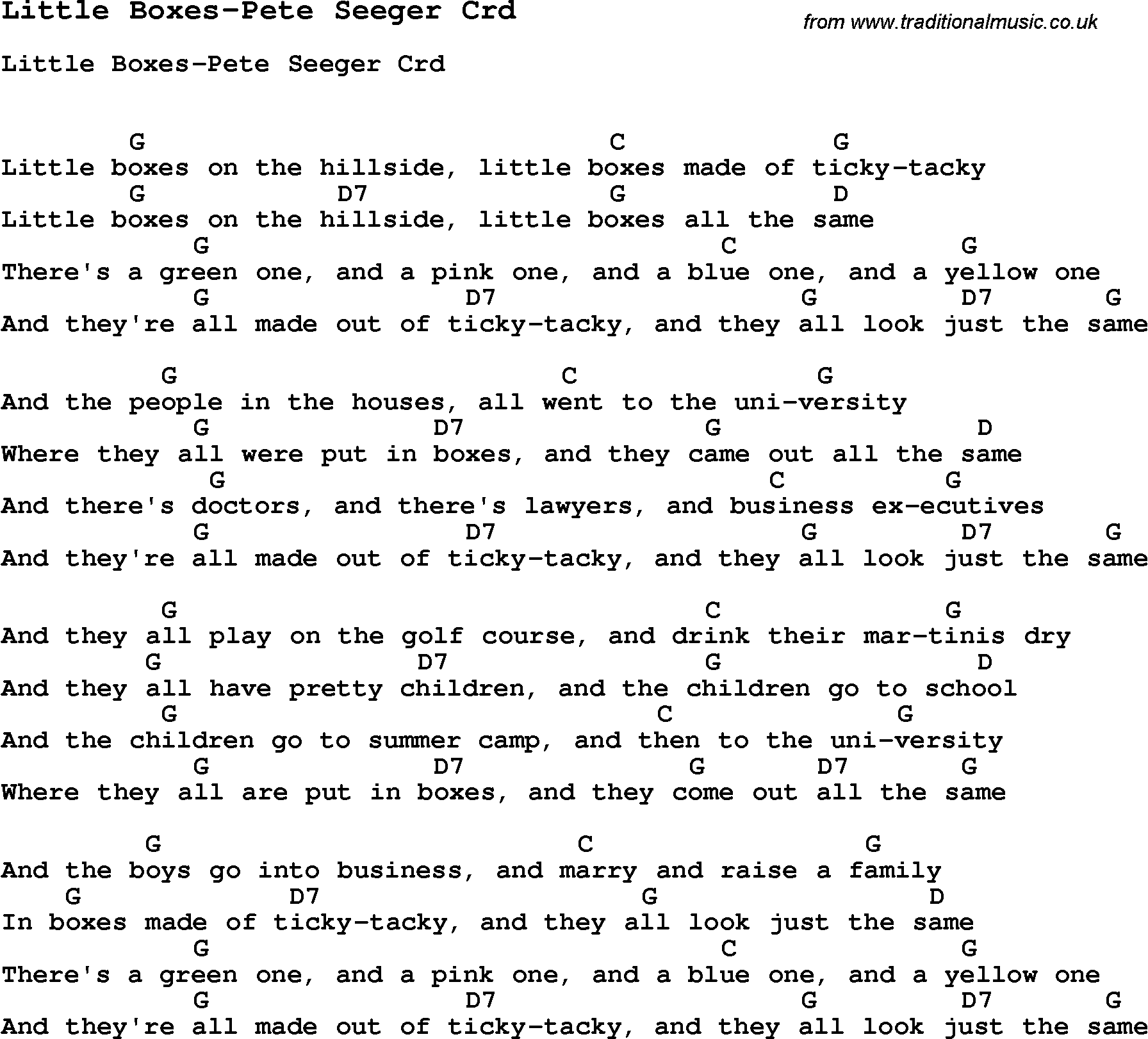 Skiffle Song Lyrics for Little Boxes-Pete Seeger with chords for Mandolin, Ukulele, Guitar, Banjo etc.